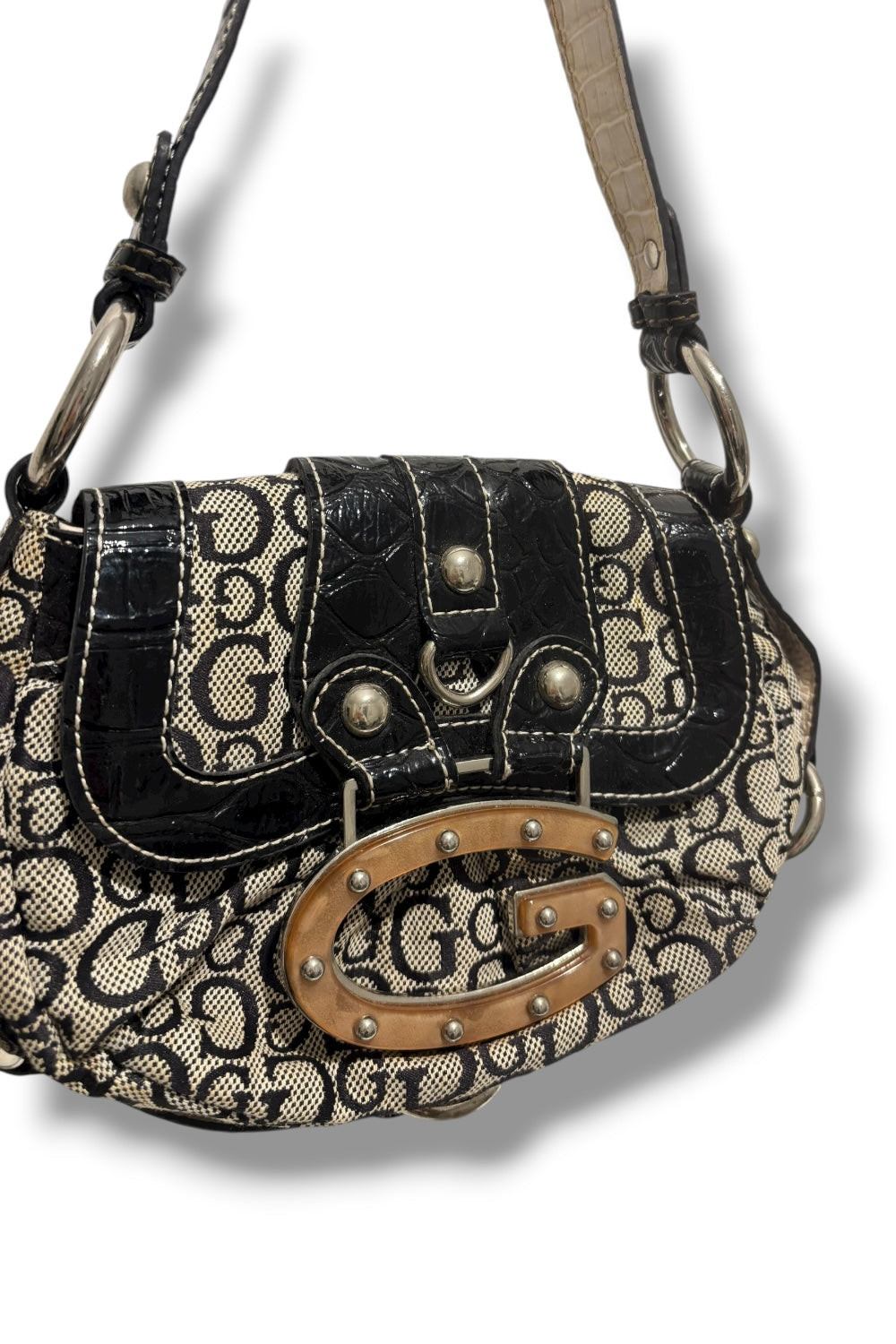 Guess Authentic Black & Grey Monogram Canvas & Croc Leather PVC Shoulder Bag