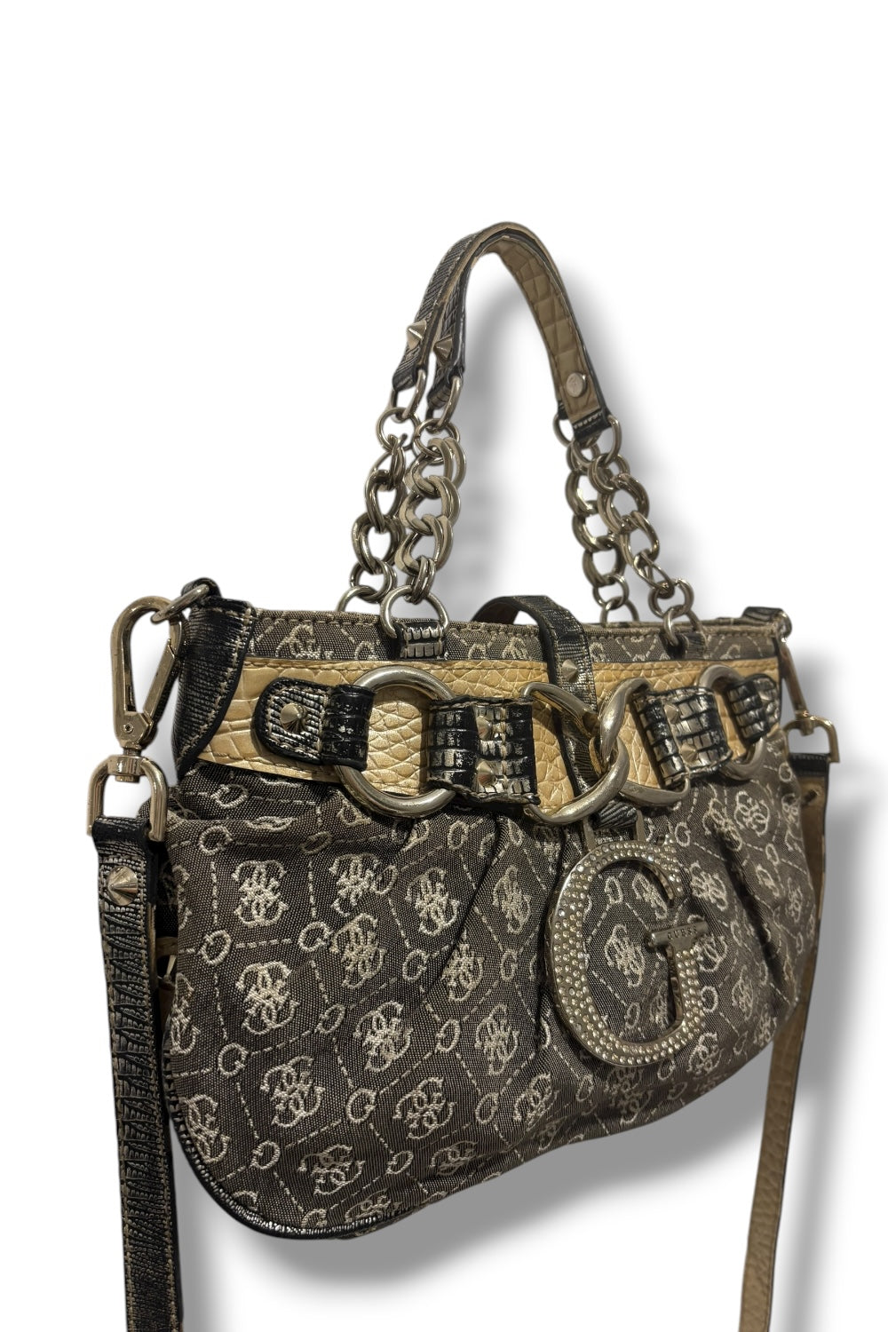 Guess Authentic Vintage Denim / Jeans Grey Silver Metallic Crystal Canvas Shoulder Bag