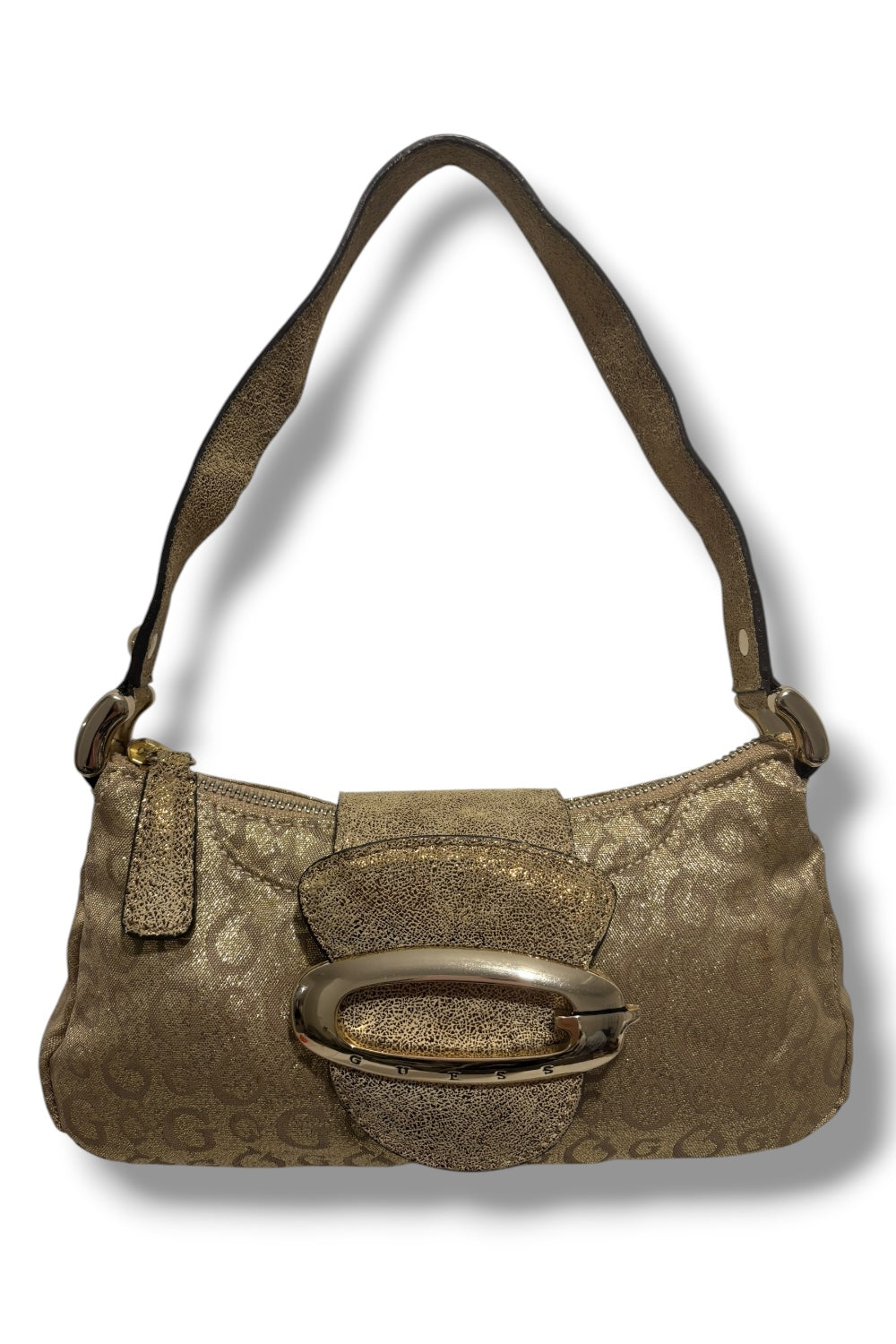 Guess Gold Vintage Y2K Sparkly Metallic Canvas & Suede Signature Shoulder Bag