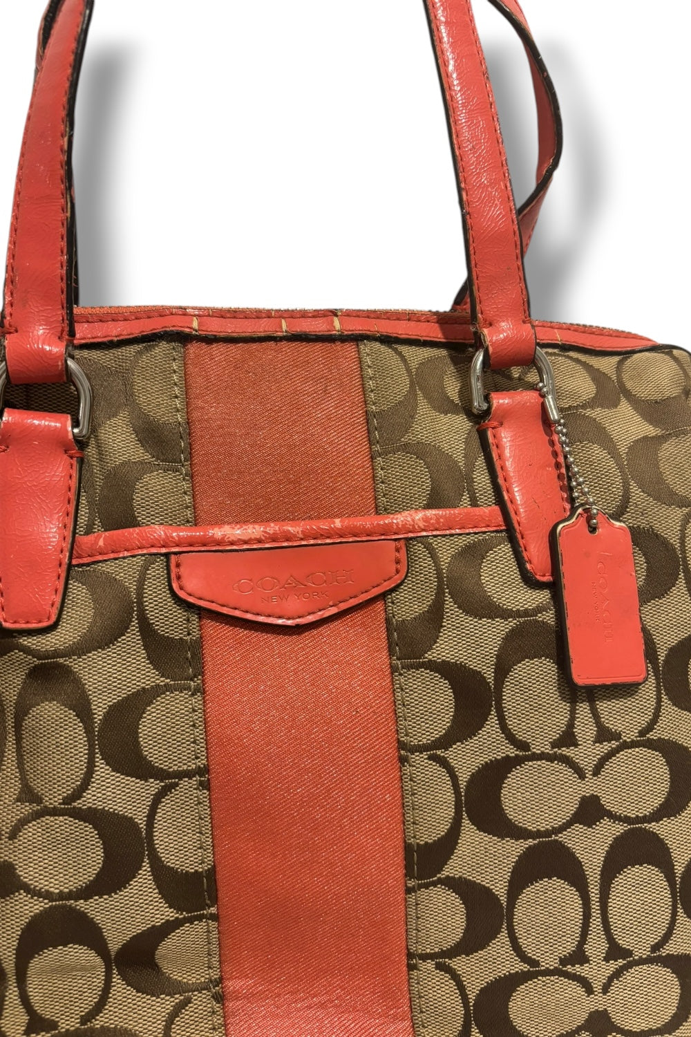 Coach Nancy Signature Stripe Brown / Orange Canvas & Leather Shoulder Bag