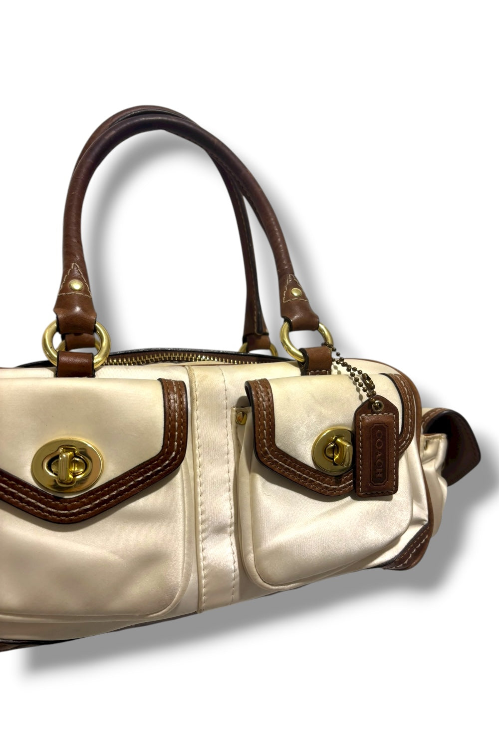 Coach Brown Ivory Silk Sateen Leather Ashley Legacy Shoulder Bag