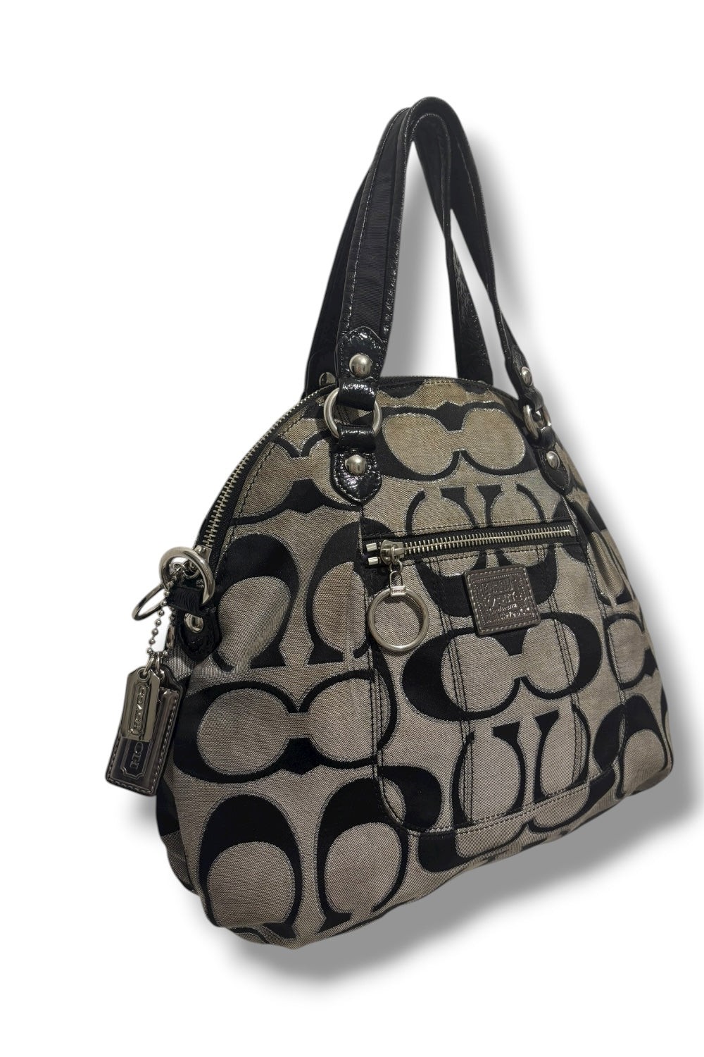 Coach Black & Grey Poppy Silver Sparkle Canvas Leather Shoulder Bag