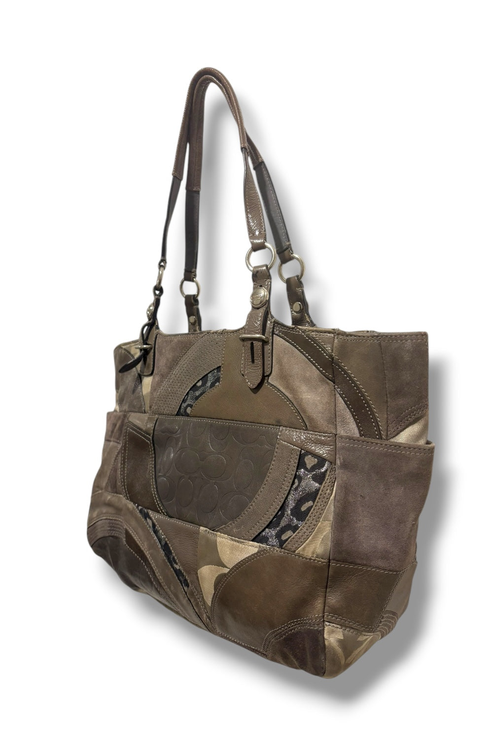 Coach Grey Patchwork Suede & Leather Leopard Print Sateen Tote Shoulder Bag