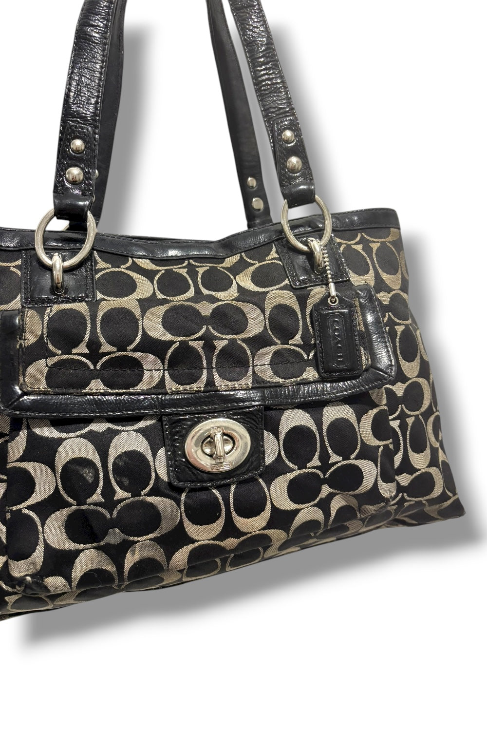 Coach Black & Grey Signature Penelope Canvas Leather Patent Shoulder Bag