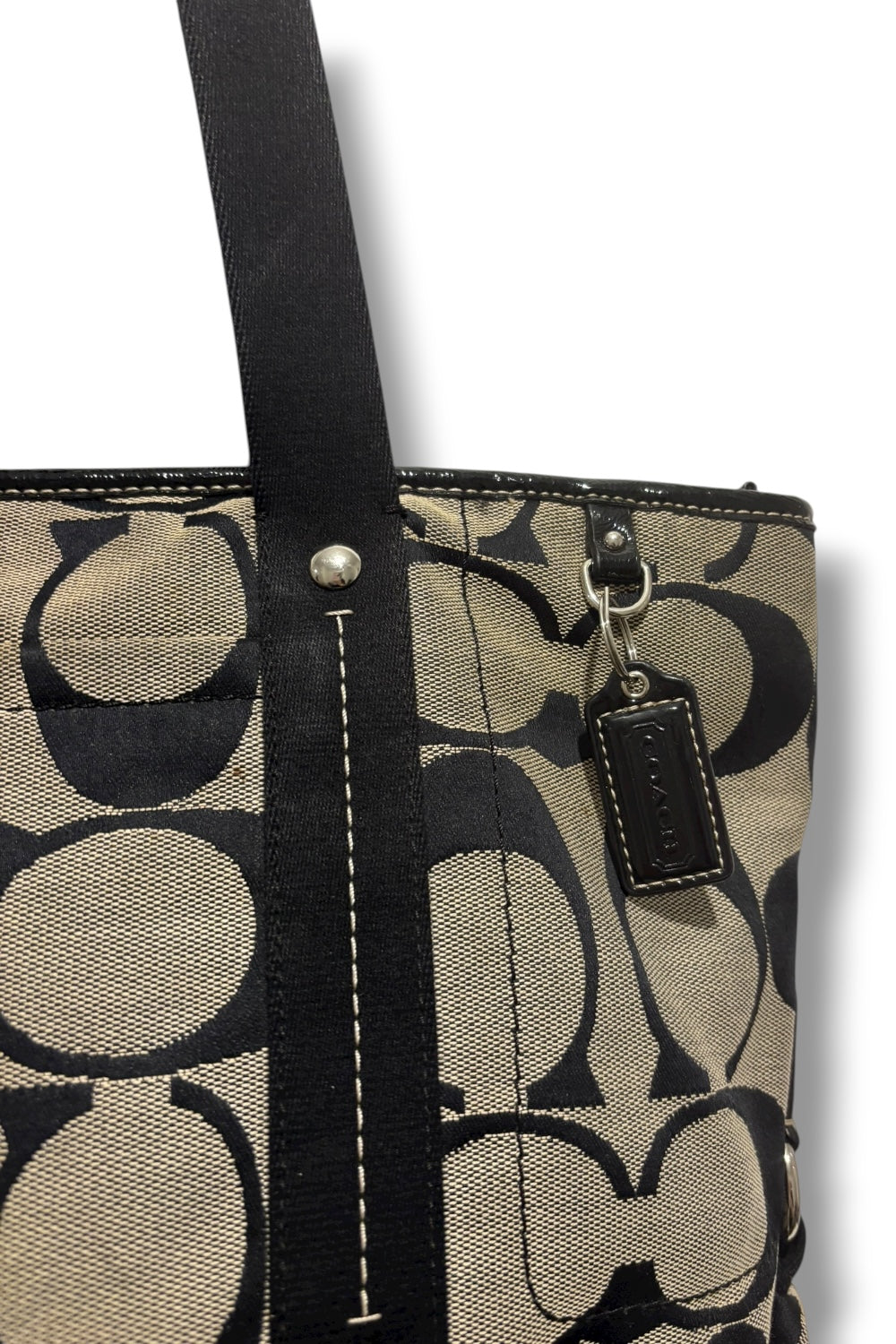 Coach Leah Black & Grey Signature Canvas Patent Leather Y2K Tote Shoulder Bag