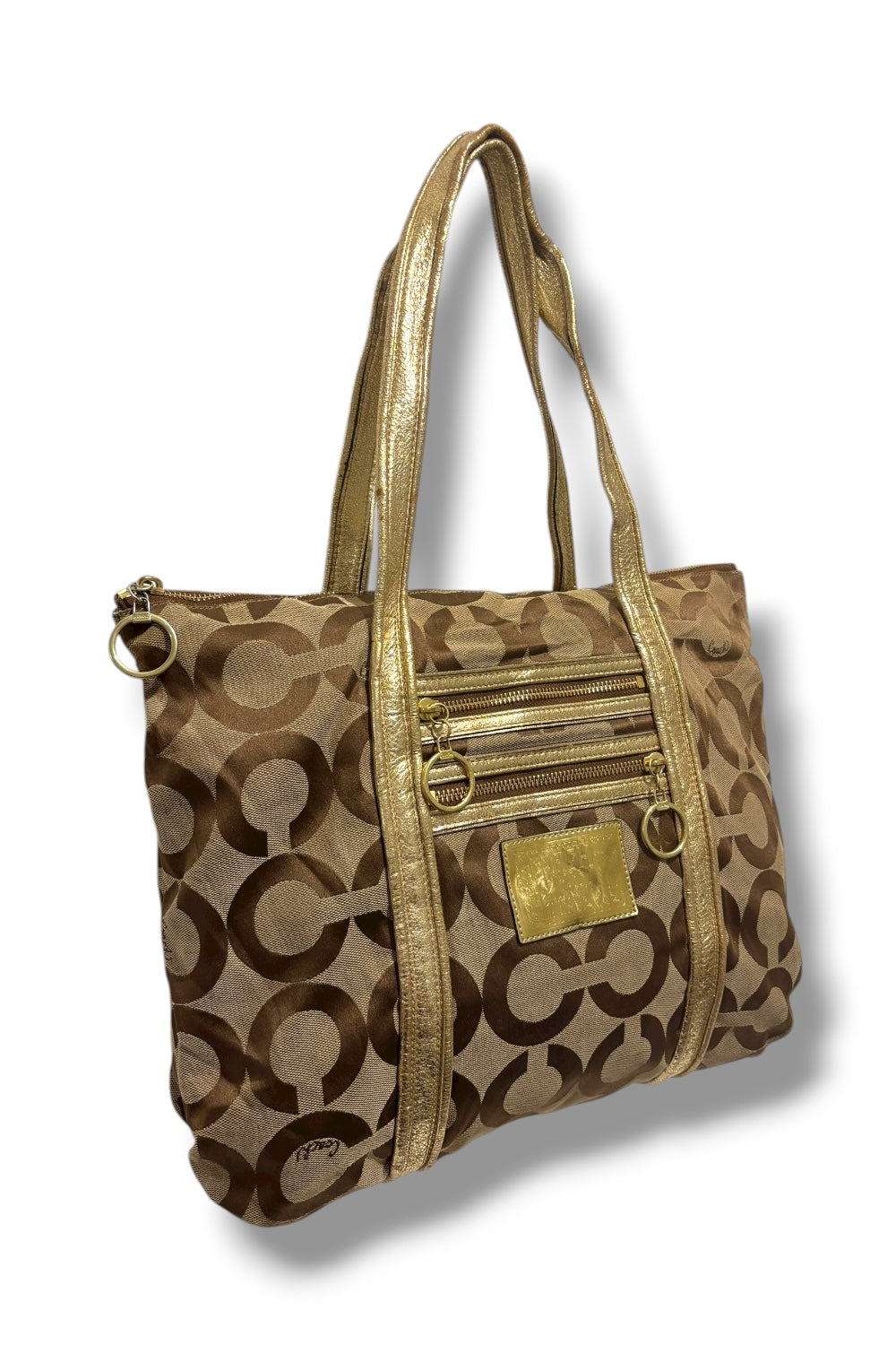Coach Brown Khaki Signature Canvas Poppy Gold Metallic Leather Y2K Vintage Tote