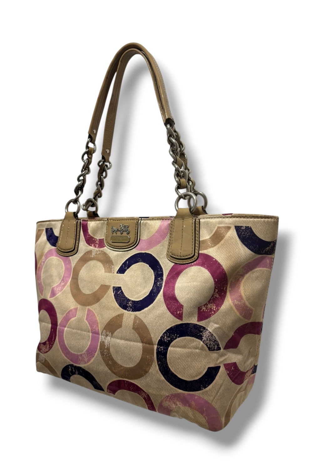 Coach Multicolour Pink Optic Signature Sateen & Patent Leather Tote Shoulder Bag