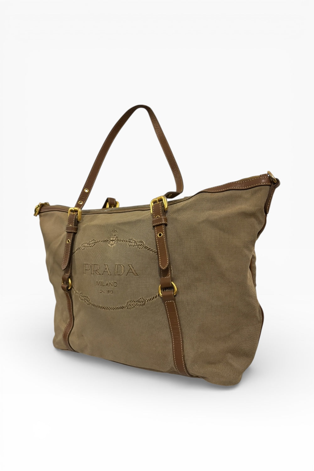 Prada Khaki / Beige / Brown Canvas & Leather Canapa Tote Shoulder Bag
