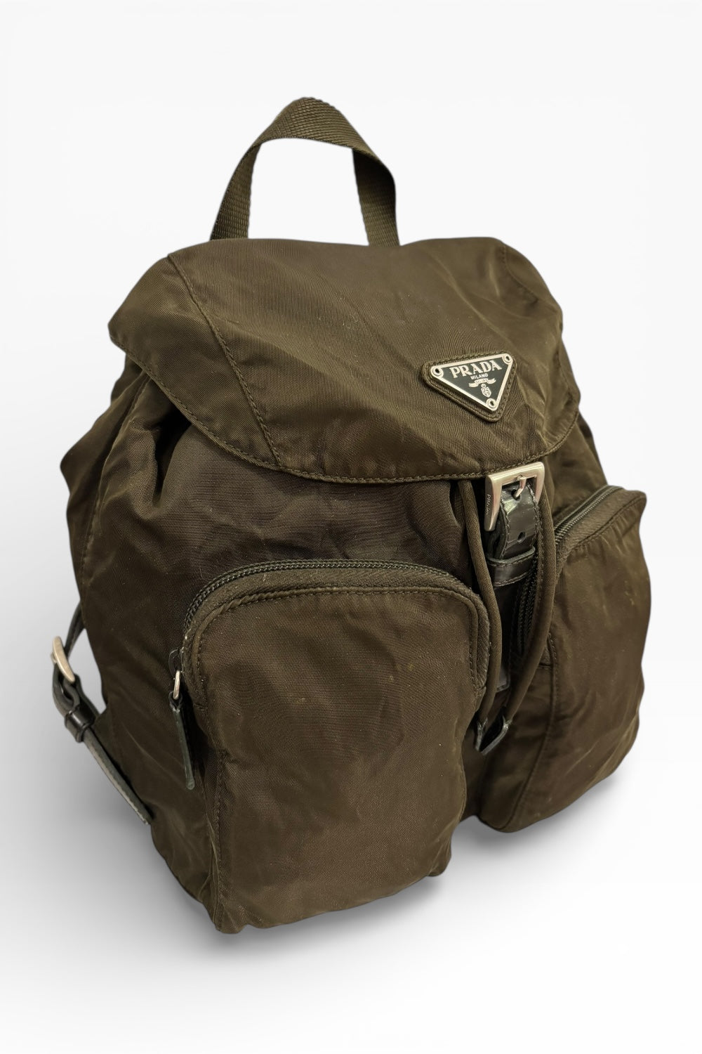Prada Khaki Re-Nylon Medium Green & Saffiano Leather Trim Tessuto Backpack