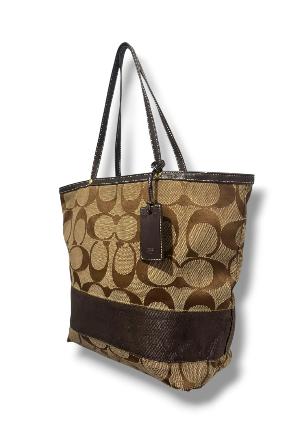 Coach Brown Khaki Signature Stripe Vintage Canvas & Leather Tote Shoulder Bag