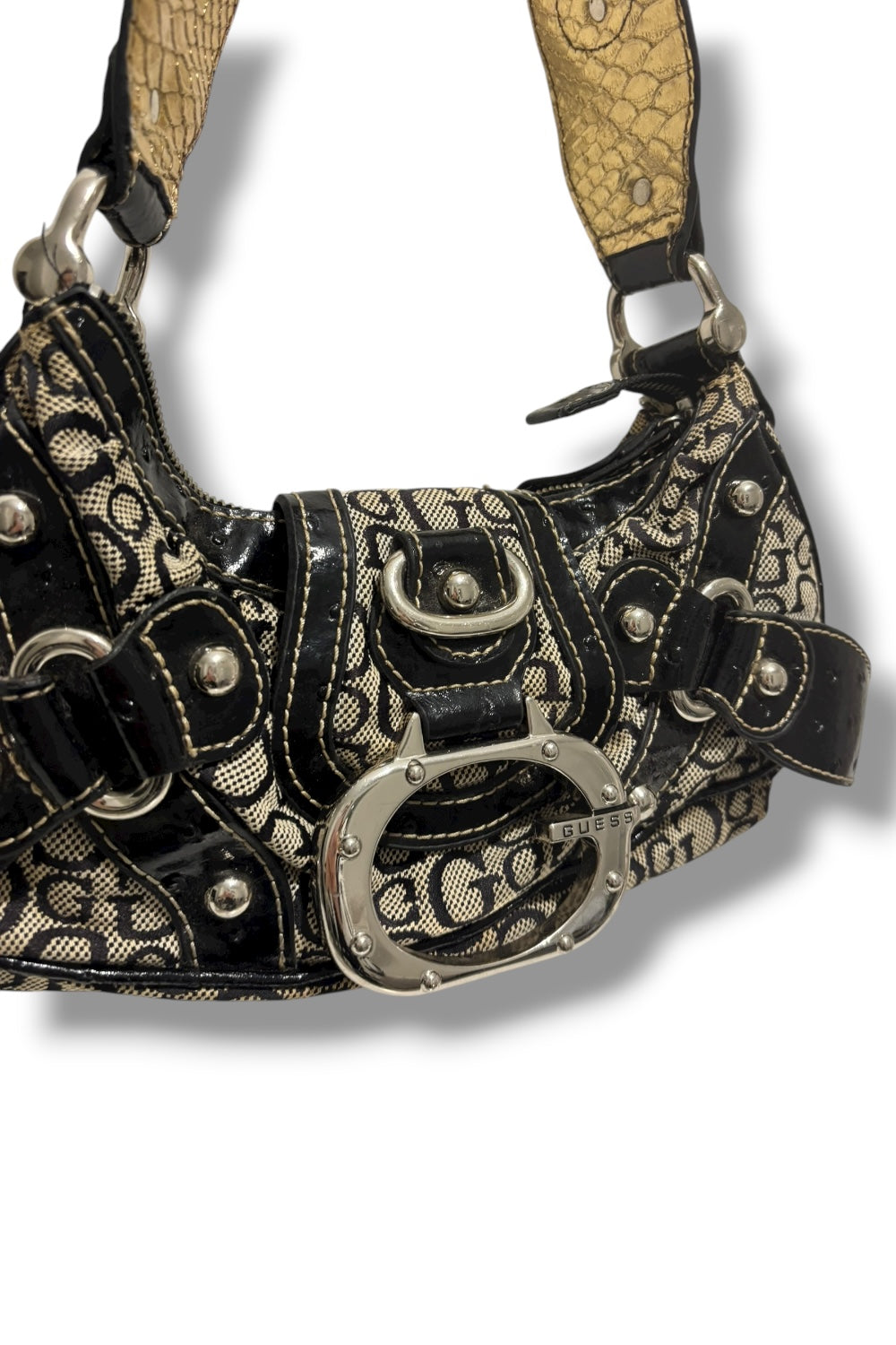 Guess Rare 2000's Signature Black & Grey Studded Canvas Leather PVC shoulder Bag