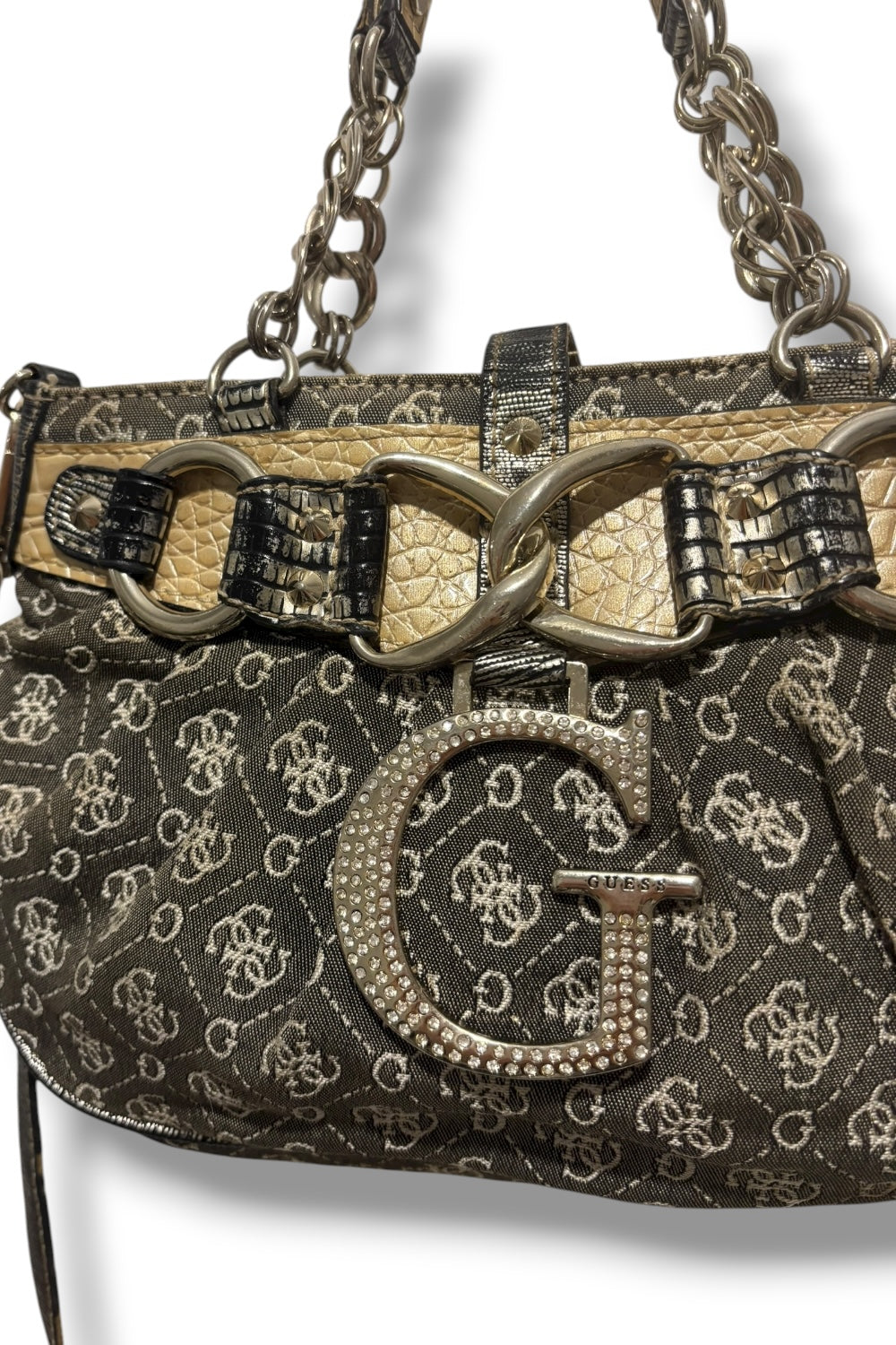 Guess Authentic Vintage Denim / Jeans Grey Silver Metallic Crystal Canvas Shoulder Bag