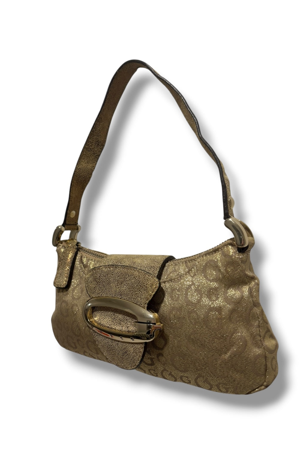 Guess Gold Vintage Y2K Sparkly Metallic Canvas & Suede Signature Shoulder Bag