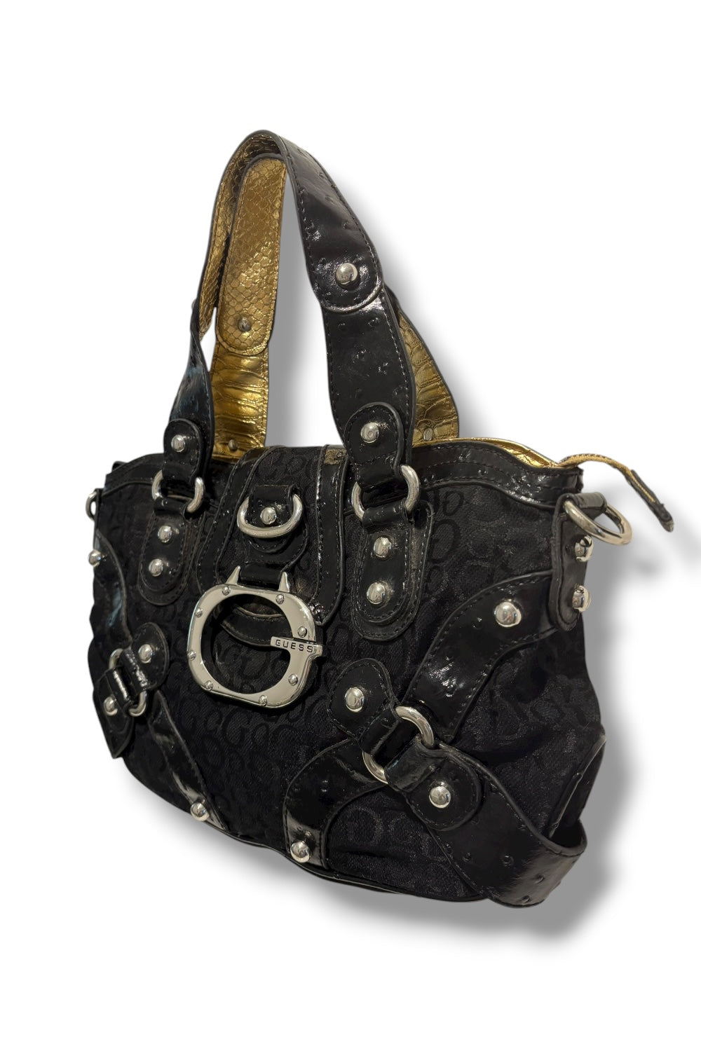 Guess Rare Vintage Black Signature Canvas & Patent Leather PVC Y2K Shoulder Ba