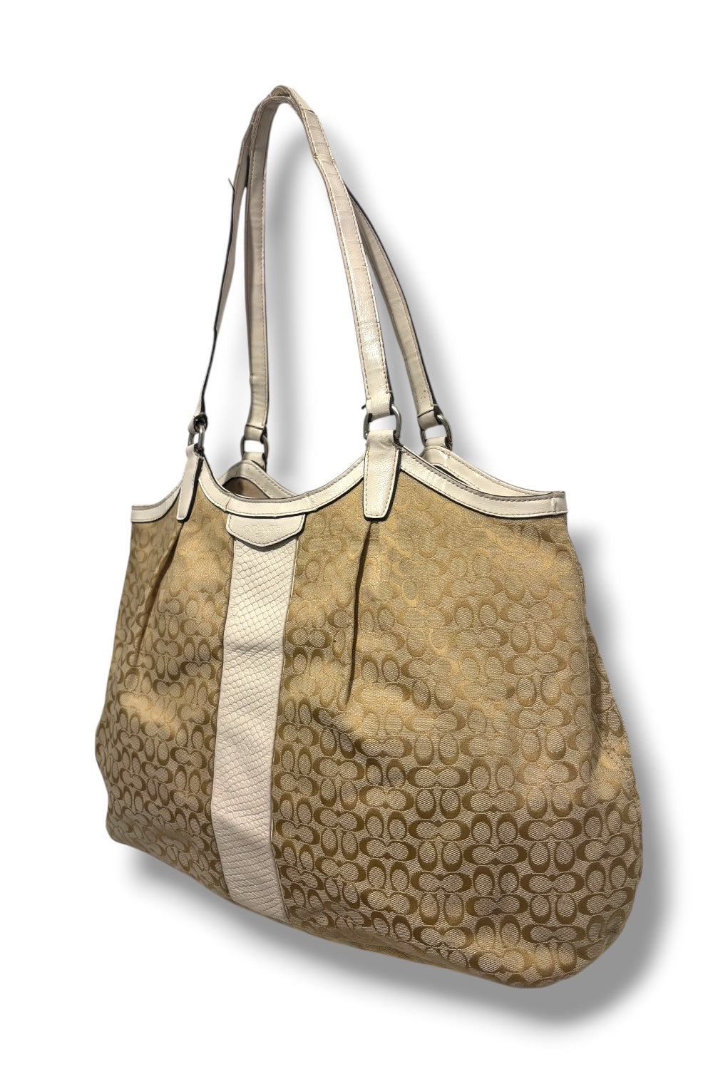 Coach Brown / Beige Signature White Patent Leather Croc Tote Shoulder Bag