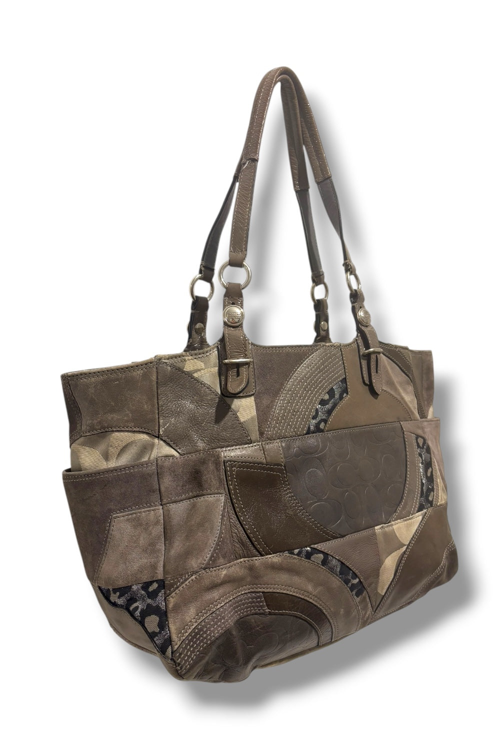 Coach Grey Patchwork Suede & Leather Leopard Print Sateen Tote Shoulder Bag
