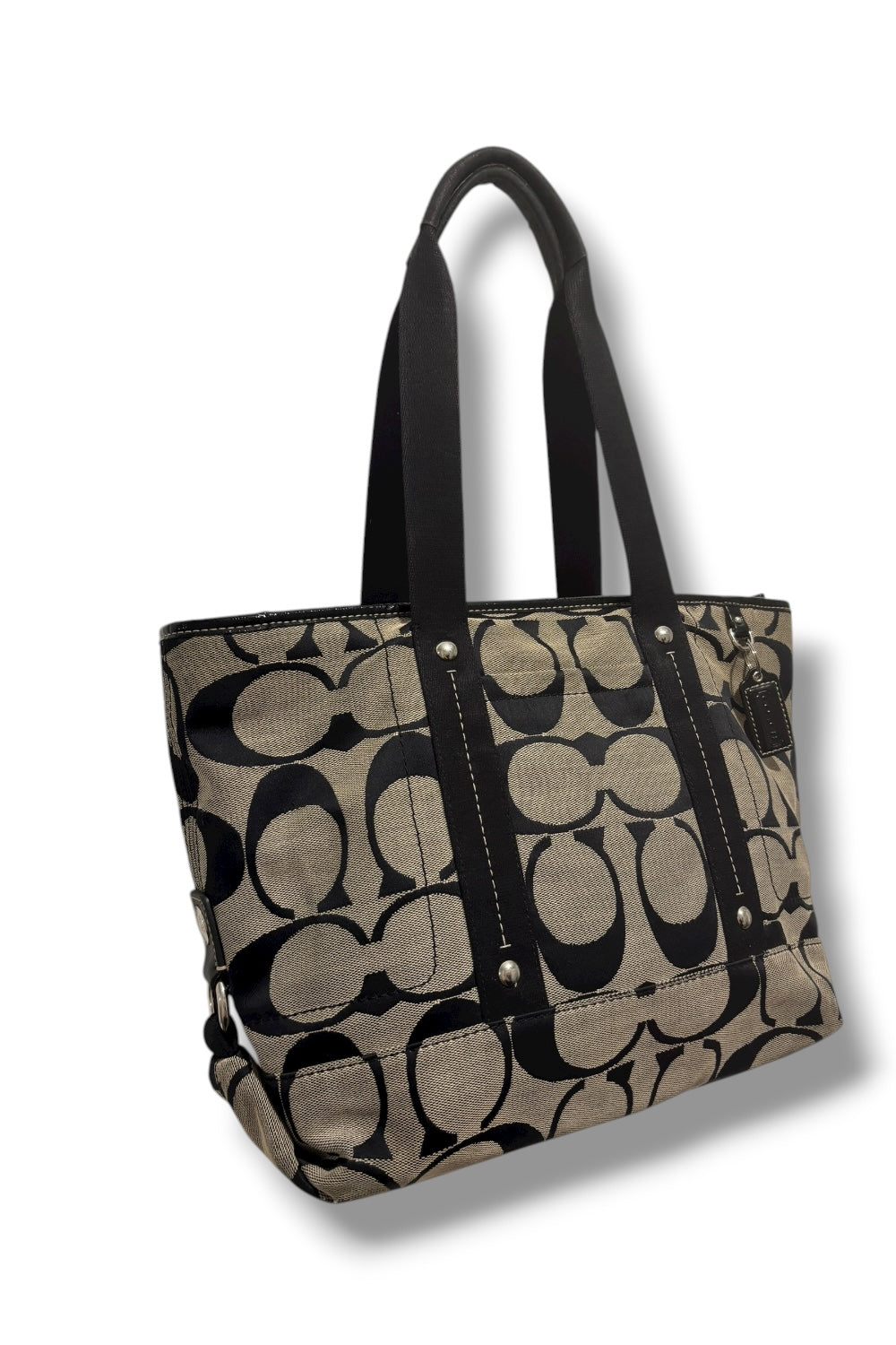 Coach Leah Black & Grey Signature Canvas Patent Leather Y2K Tote Shoulder Bag
