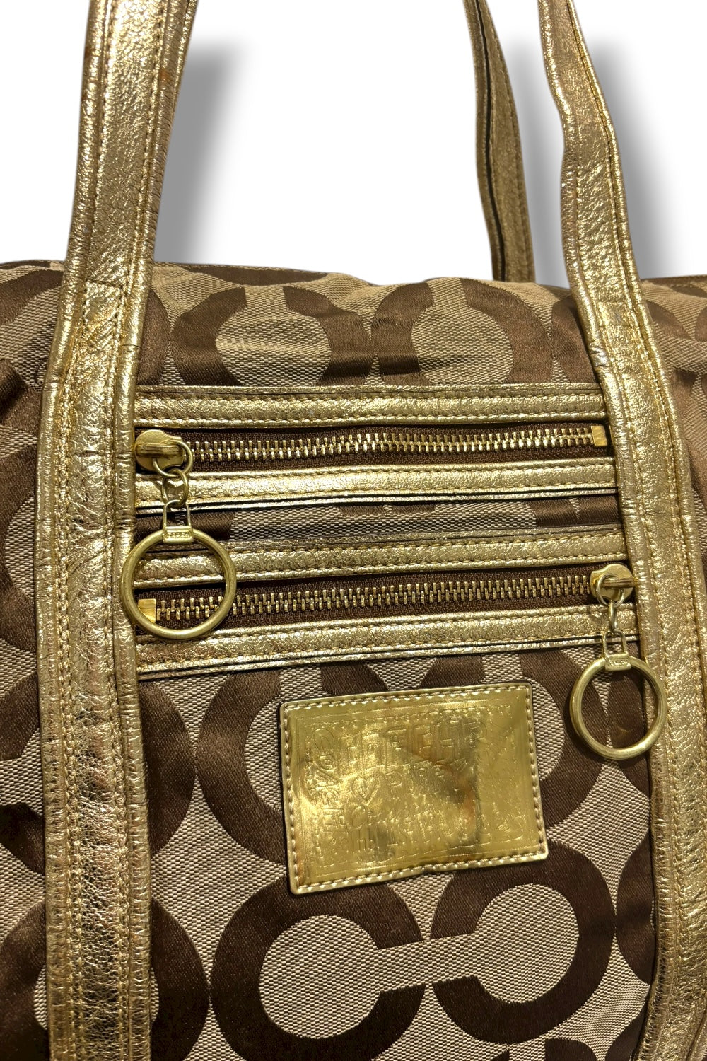 Coach Brown Khaki Signature Canvas Poppy Gold Metallic Leather Y2K Vintage Tote