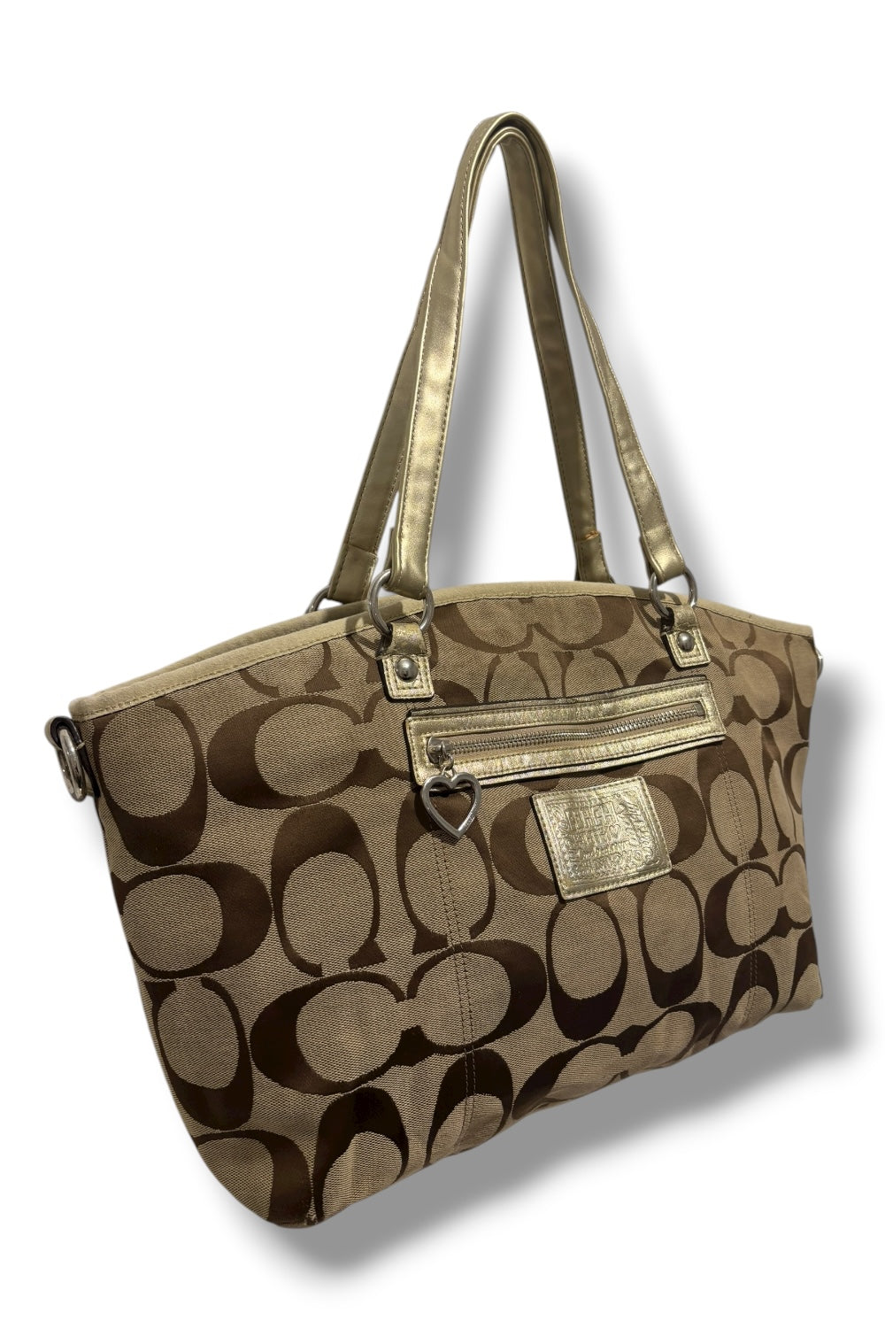 Coach 'Rowan' Brown Khaki Signature Canvas & Gold Leather XXL Poppy Vintage Tote