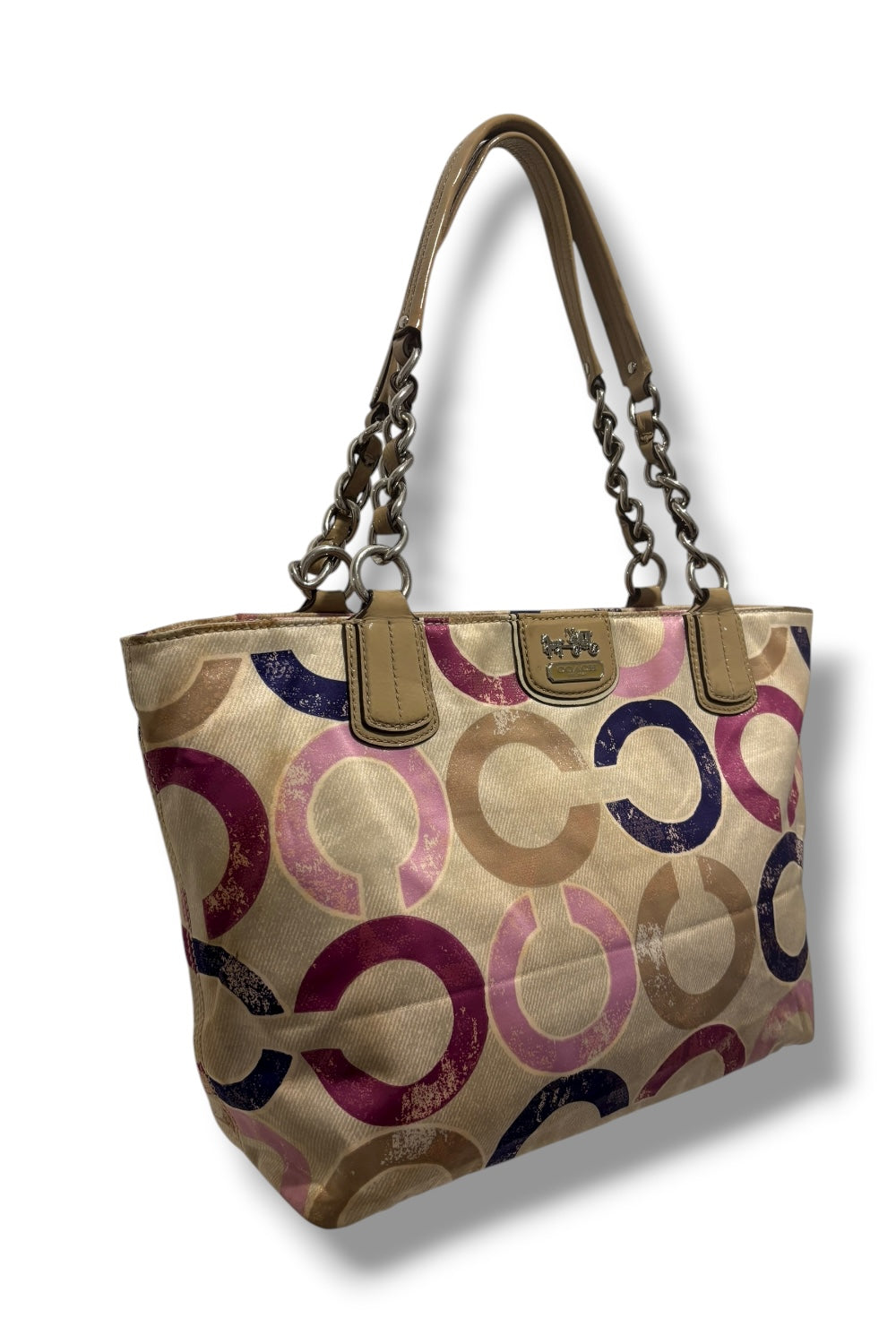 Coach Multicolour Pink Optic Signature Sateen & Patent Leather Tote Shoulder Bag