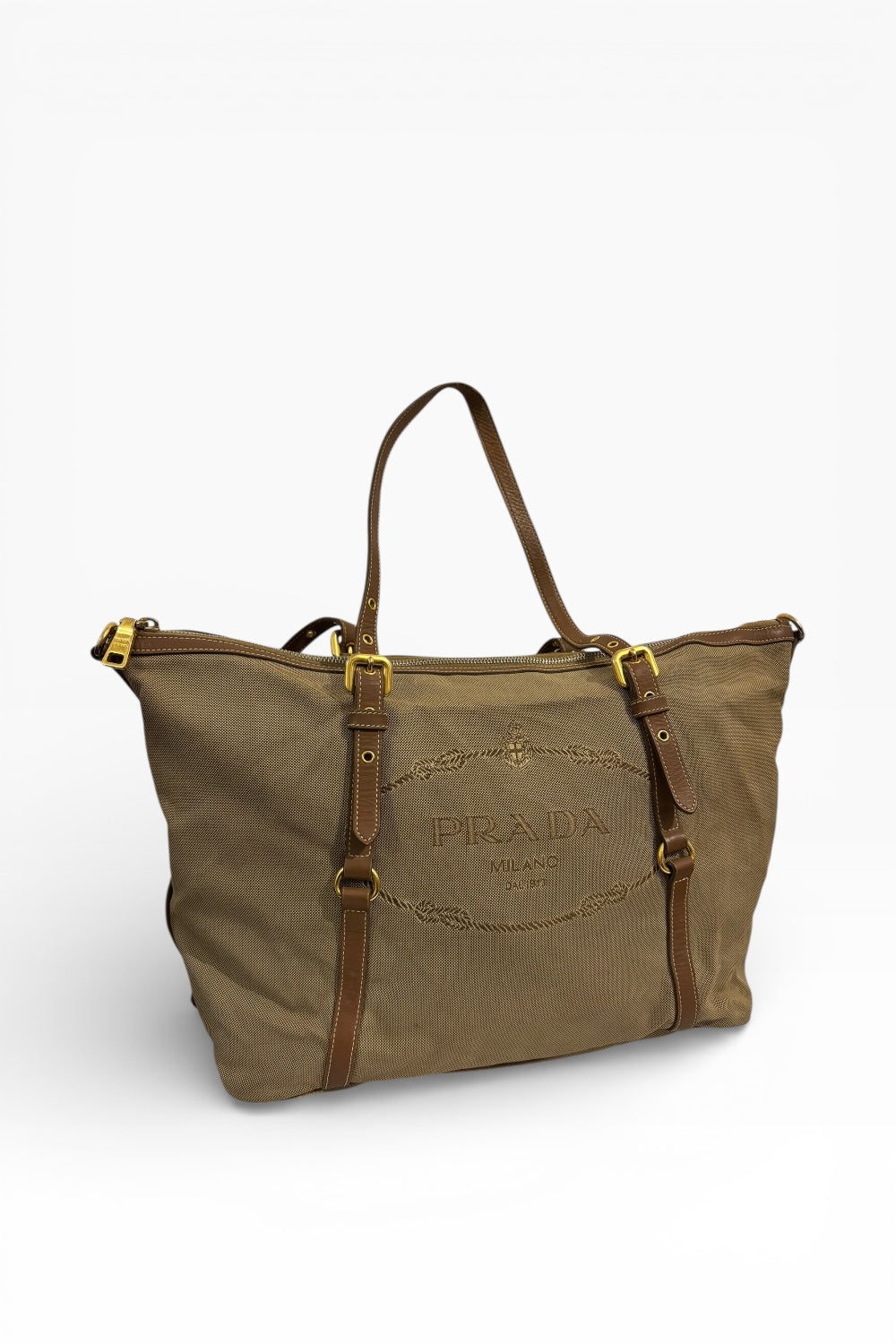 Prada Khaki / Beige / Brown Canvas & Leather Canapa Tote Shoulder Bag