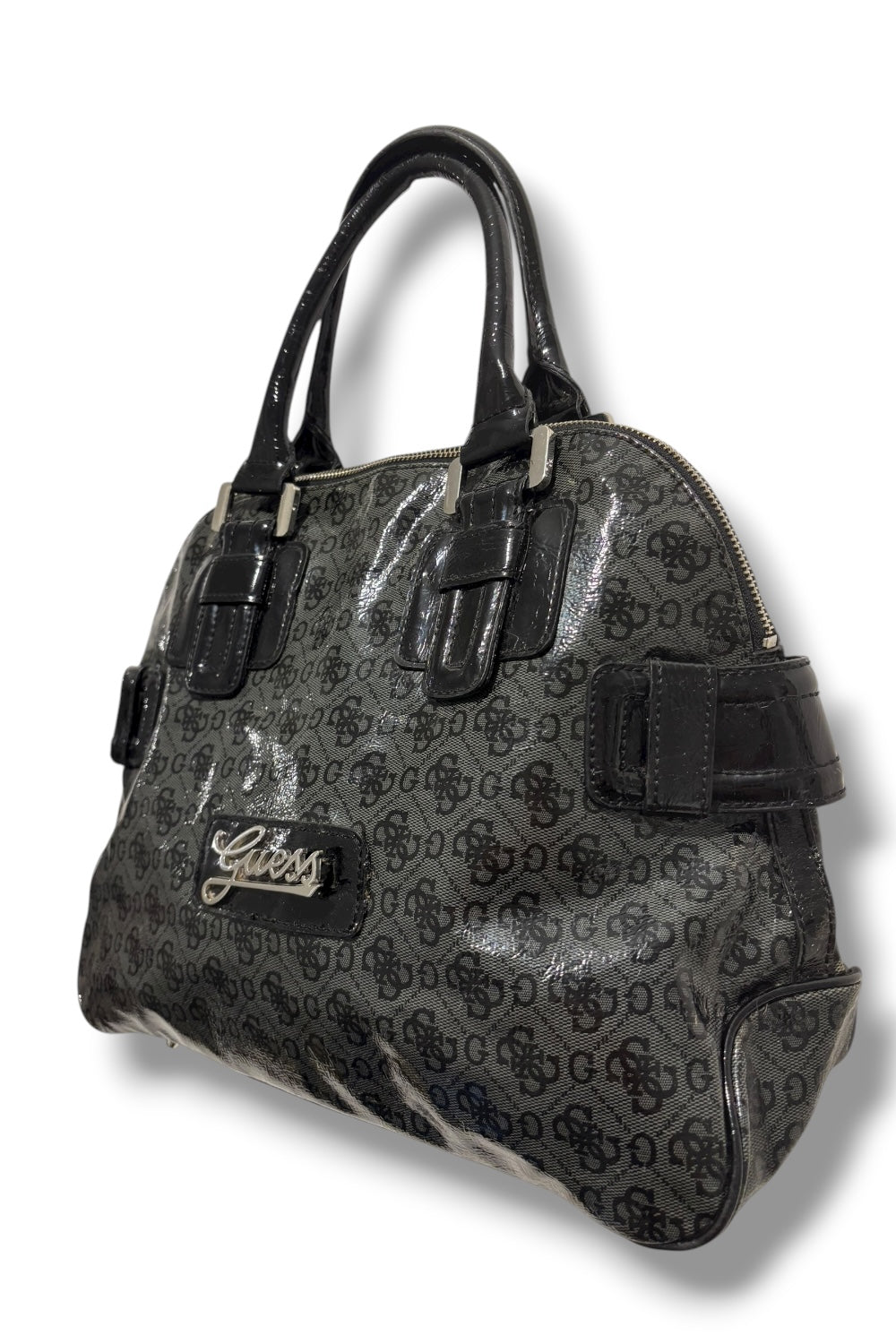 Guess Vintage Black & Grey Patent Leather 2000's PVC Tote Monogram Shoulder Bag