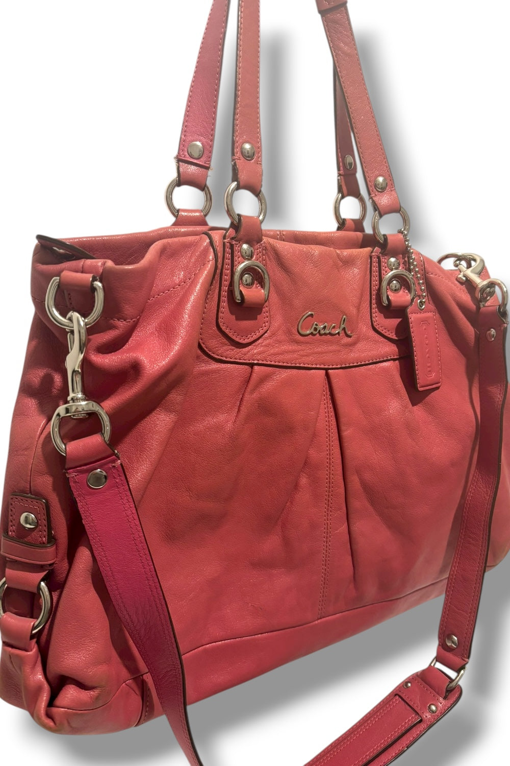 Coach Ashley Pleated Pink Soft Leather Satchel Carryall Tote Shoulder Bag