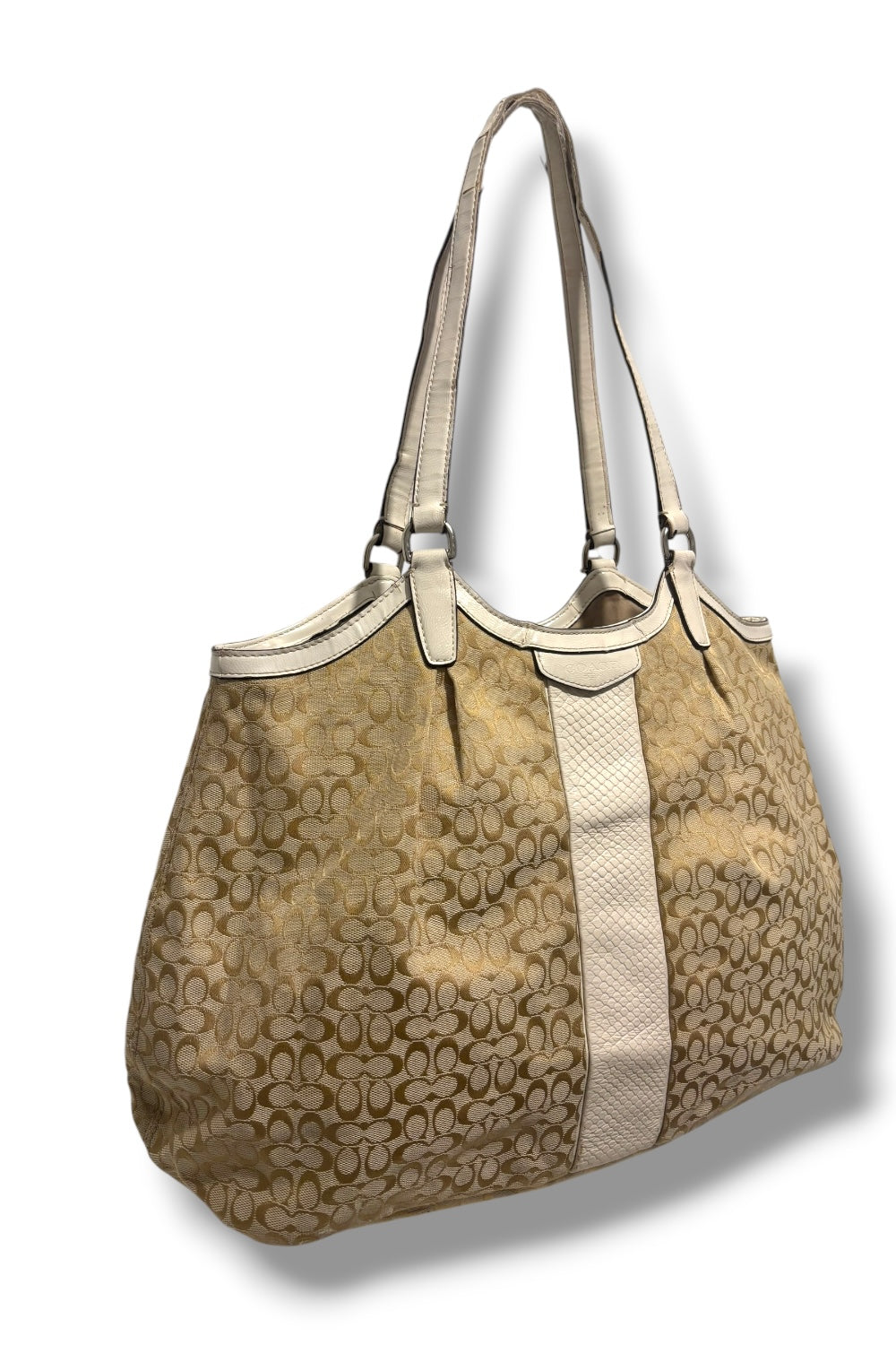 Coach Brown / Beige Signature White Patent Leather Croc Tote Shoulder Bag