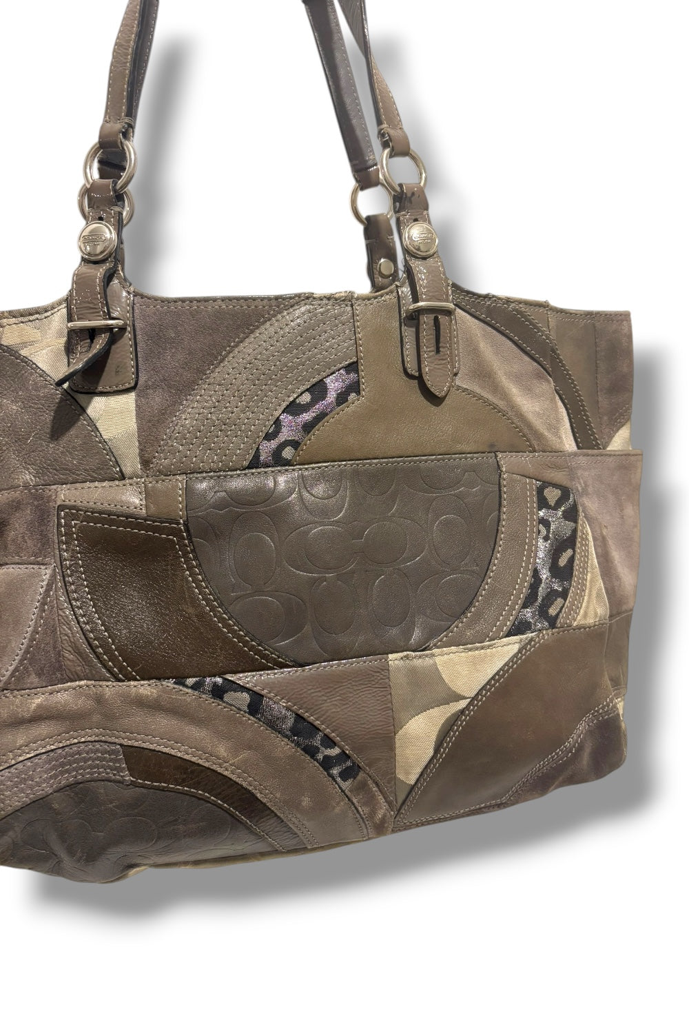 Coach Grey Patchwork Suede & Leather Leopard Print Sateen Tote Shoulder Bag