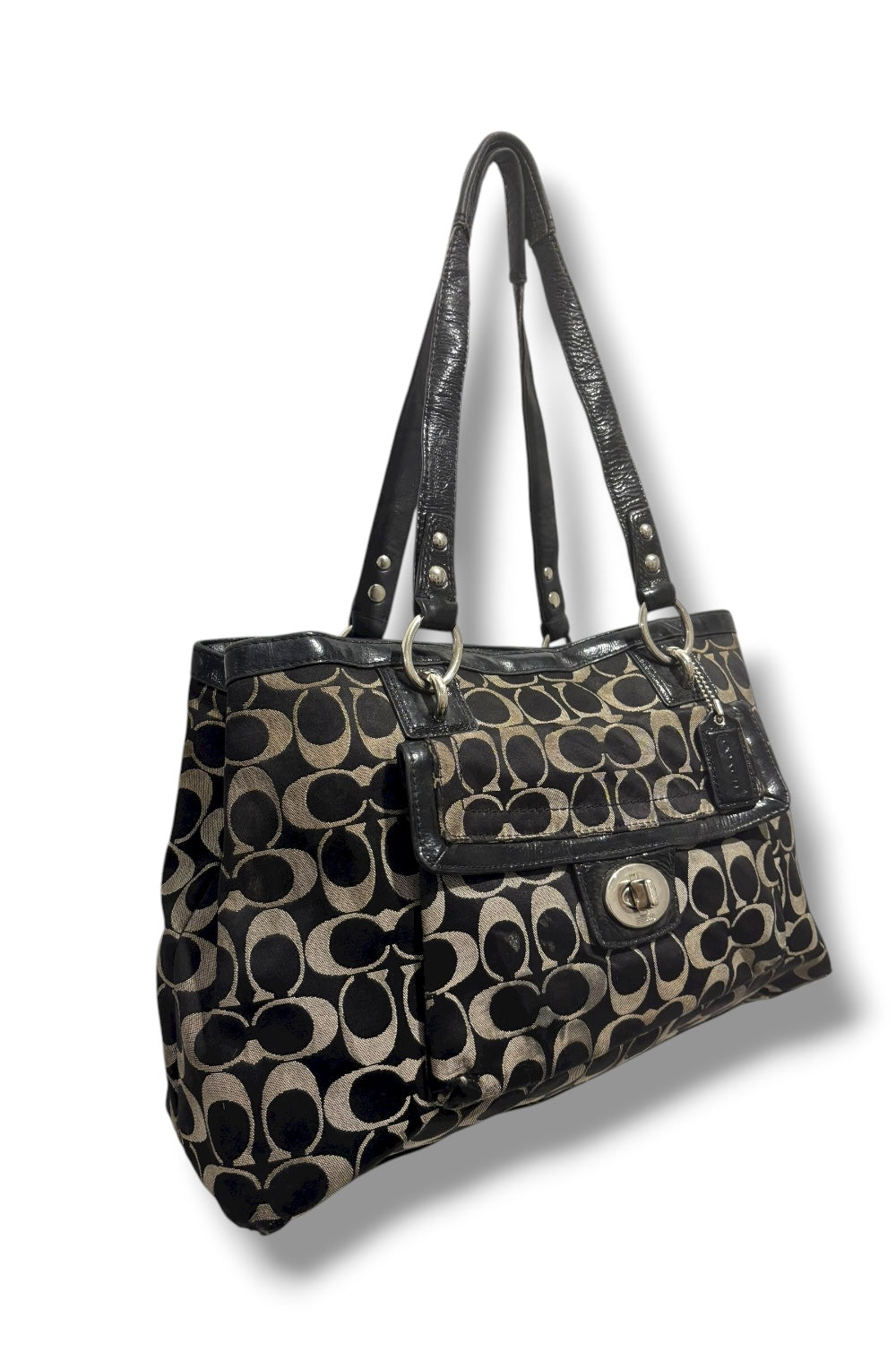 Coach Black & Grey Signature Penelope Canvas Leather Patent Shoulder Bag