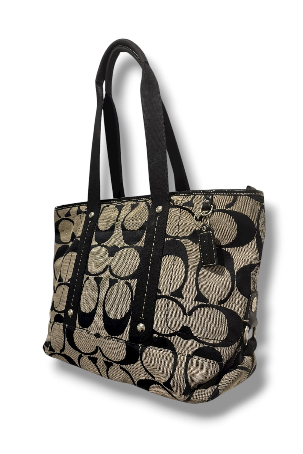 Coach Leah Black & Grey Signature Canvas Patent Leather Y2K Tote Shoulder Bag