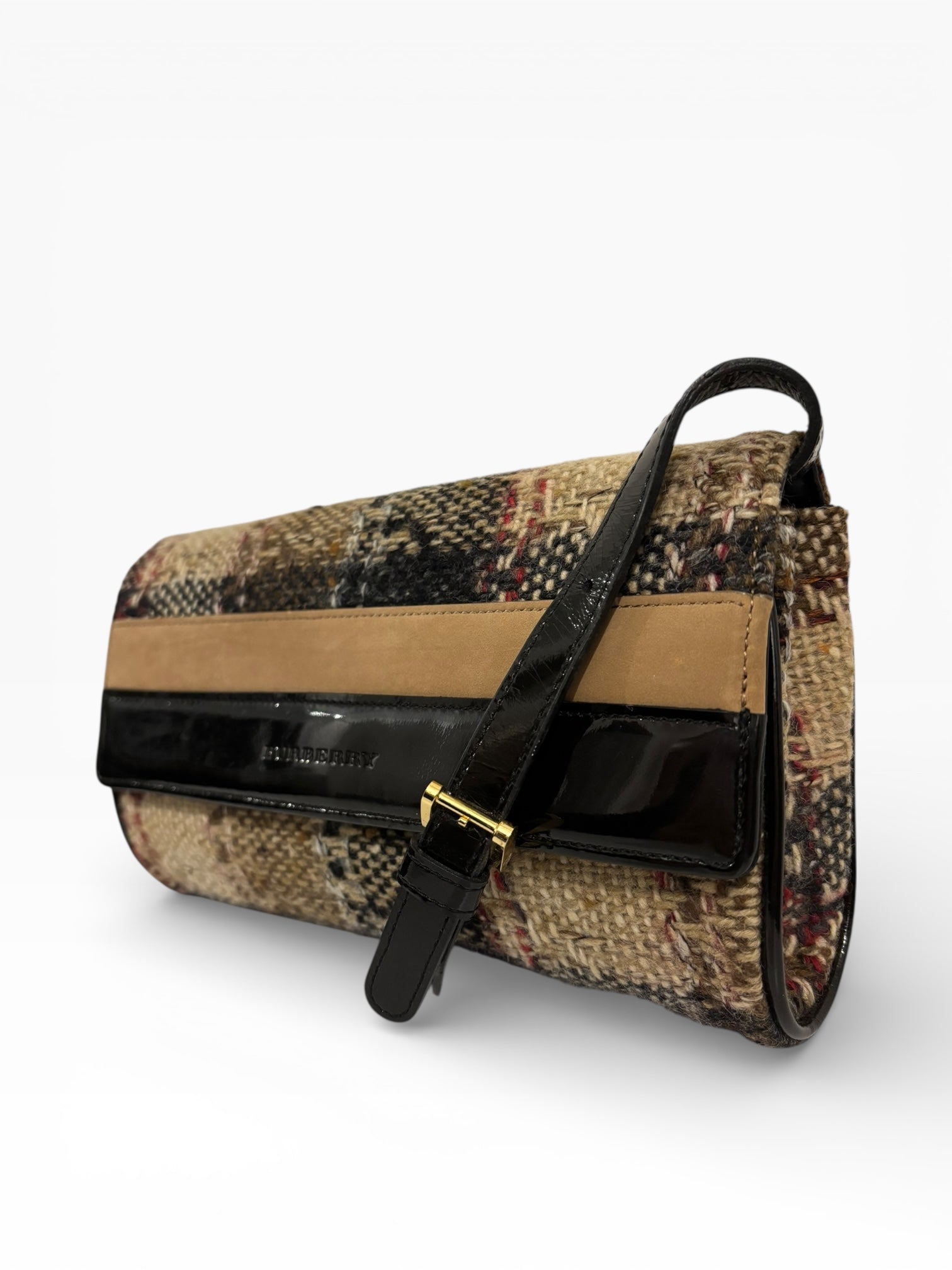 Burberry Wool Minaudière Checkered Black & Brown Leather Trim Tweed Nova Crossbody / Shoulder Bag