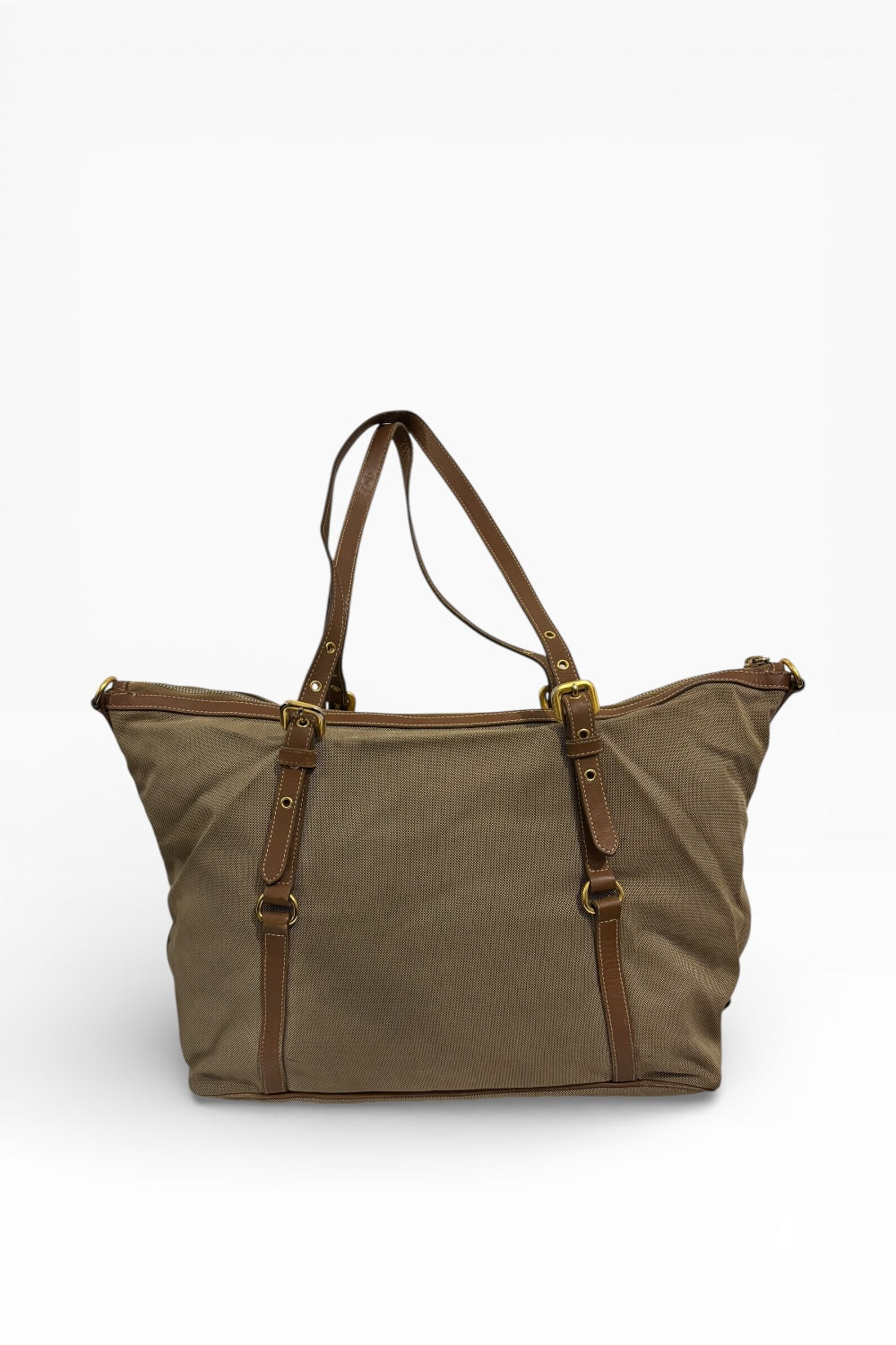 Prada Khaki / Beige / Brown Canvas & Leather Canapa Tote Shoulder Bag