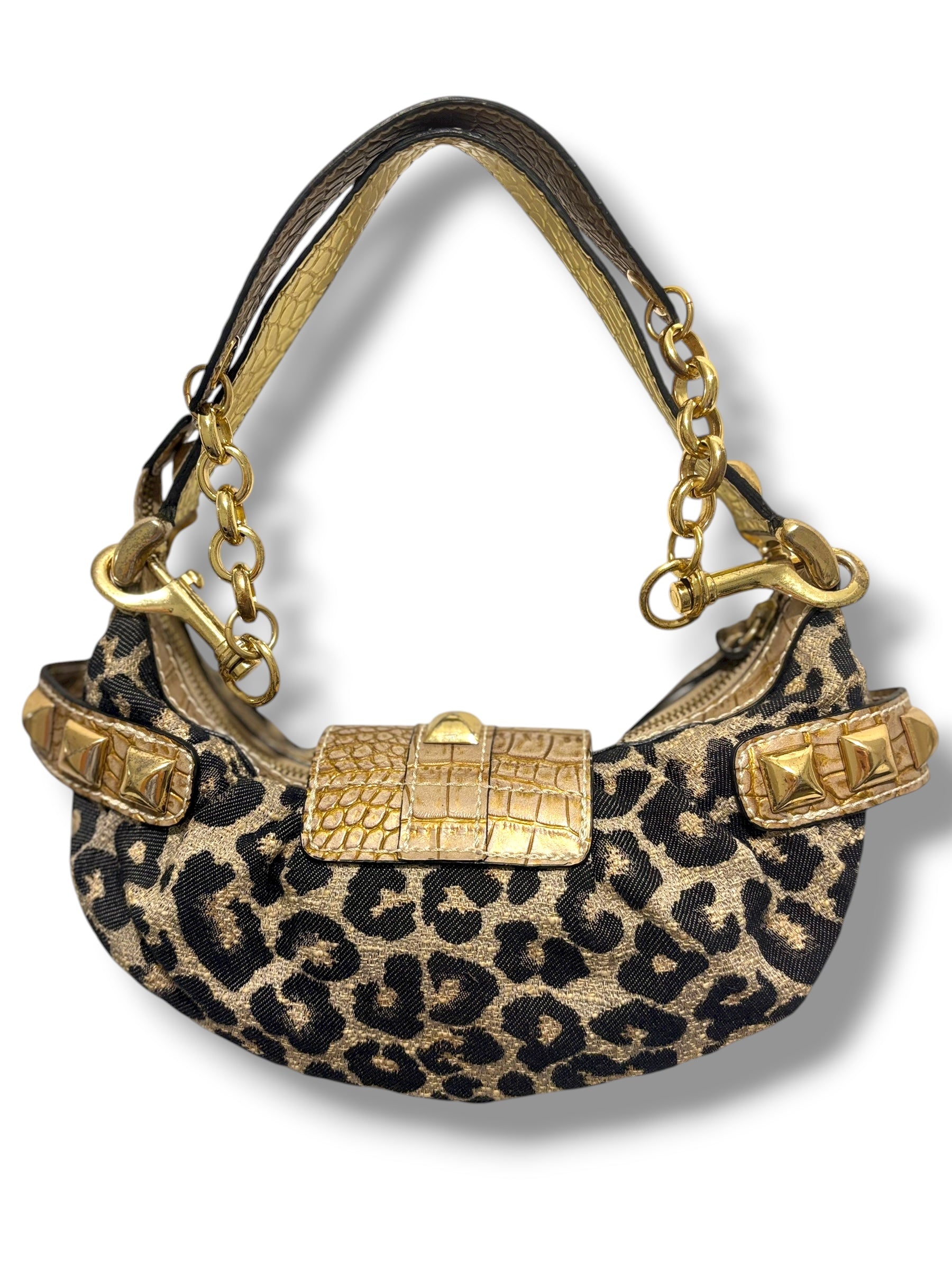 Guess Vintage Brown Gold Leopard Print Studded Baguette Canvas Shoulder Bag