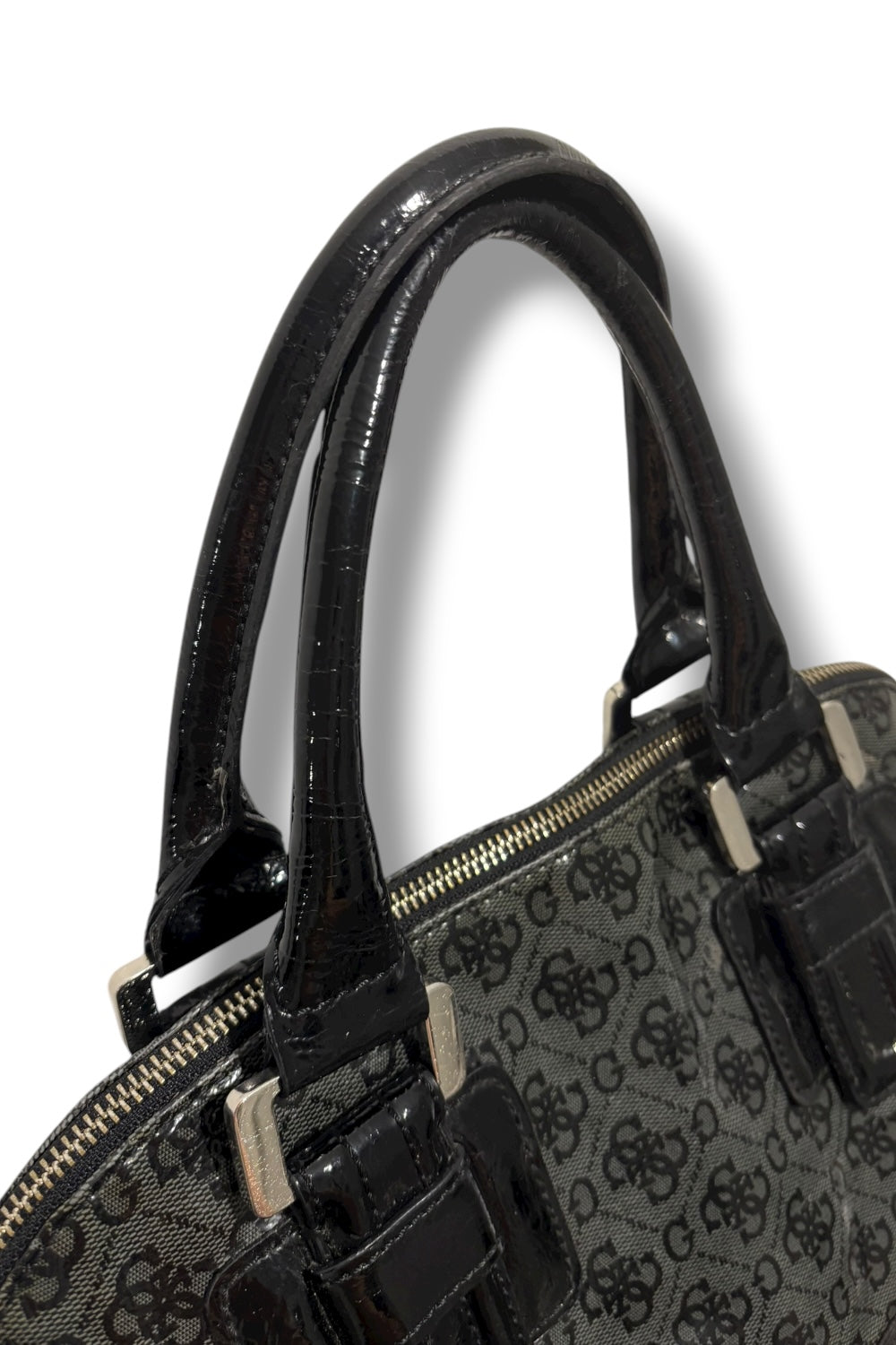 Guess Vintage Black & Grey Patent Leather 2000's PVC Tote Monogram Shoulder Bag