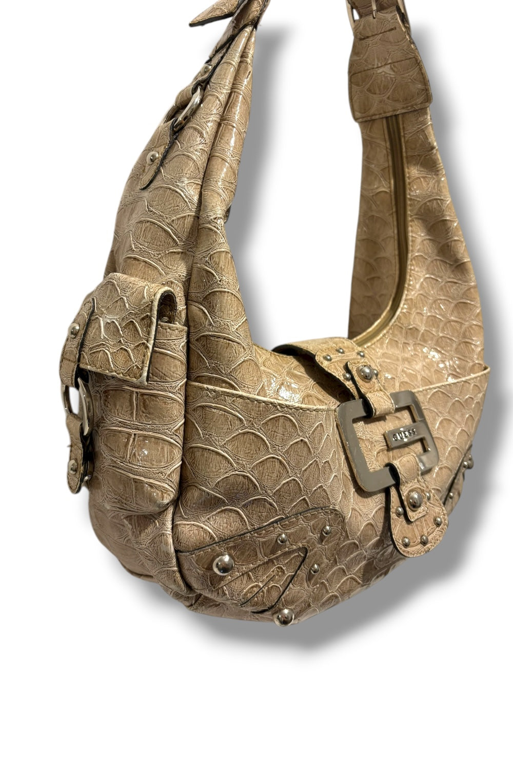 Guess Vintage 2000's Beige Croc Patent Leather / PVC Hobo Shoulder Bag Y2K