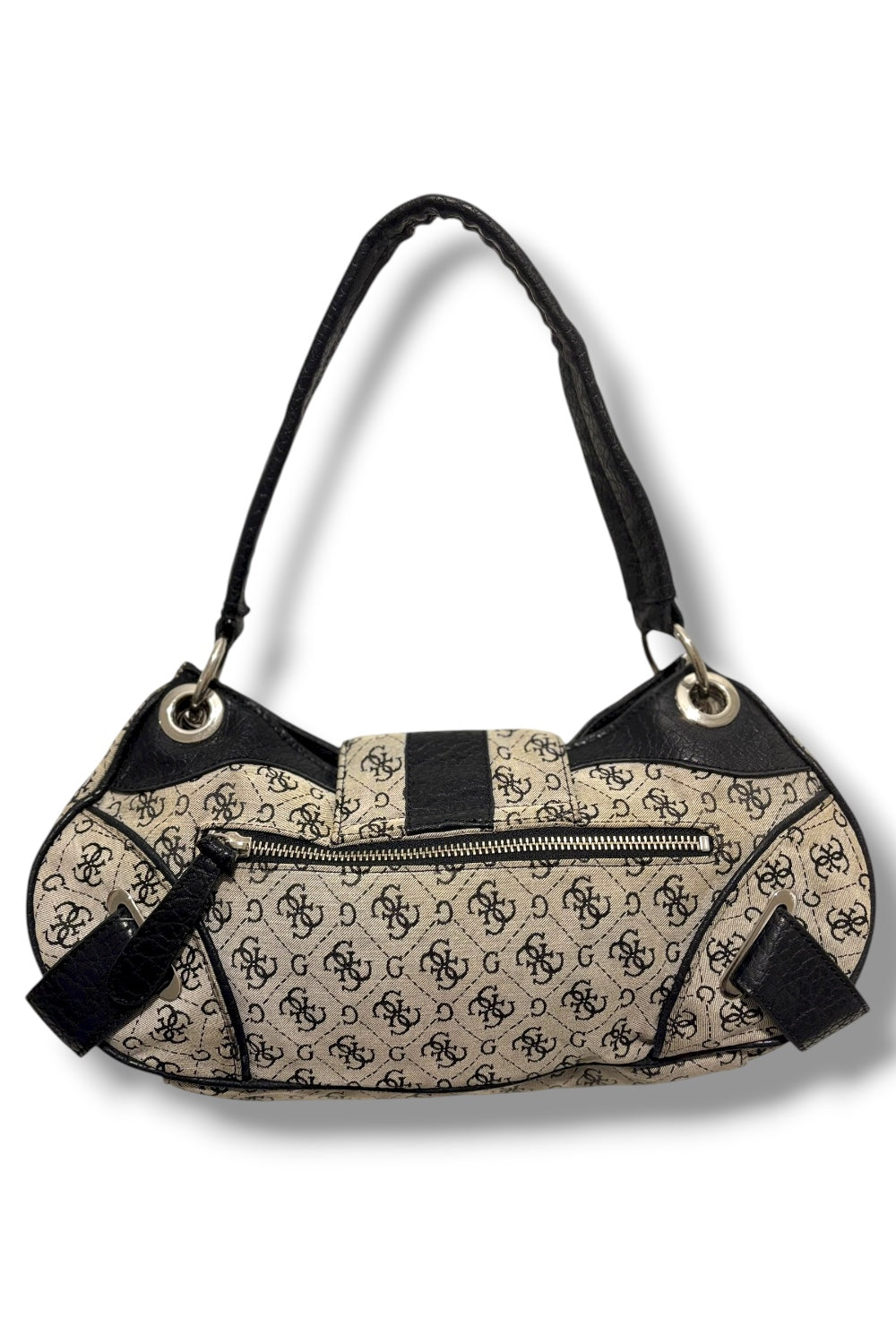 Guess Grey & Black Signature Canvas & PVC Y2K Vintage Hobo Shoulder Bag