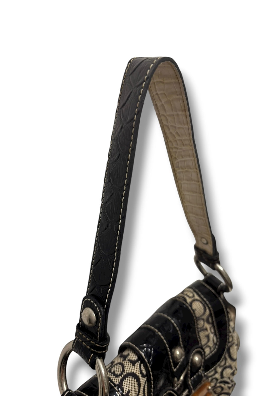 Guess Authentic Black & Grey Monogram Canvas & Croc Leather PVC Shoulder Bag