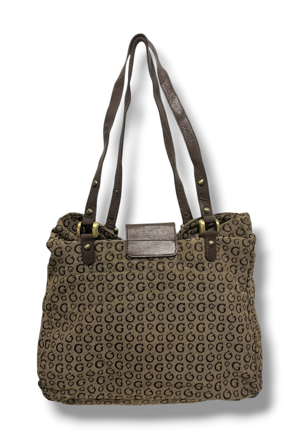 Guess Brown Signature Canvas & Leather Croc Embossed PVC Shoulder Bag