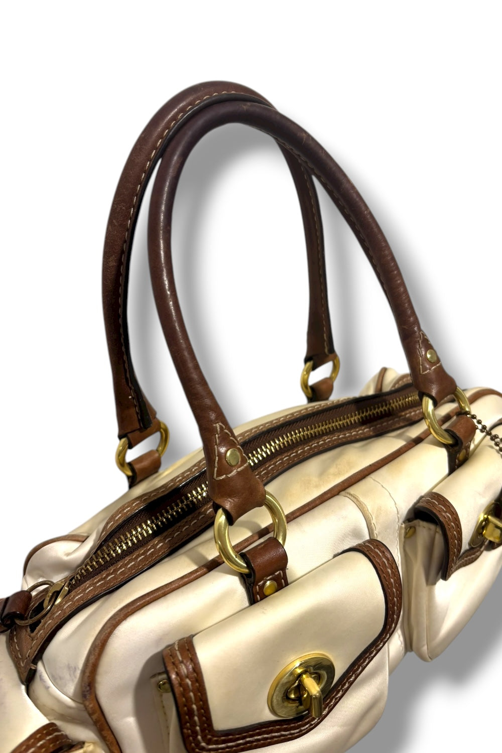 Coach Brown Ivory Silk Sateen Leather Ashley Legacy Shoulder Bag