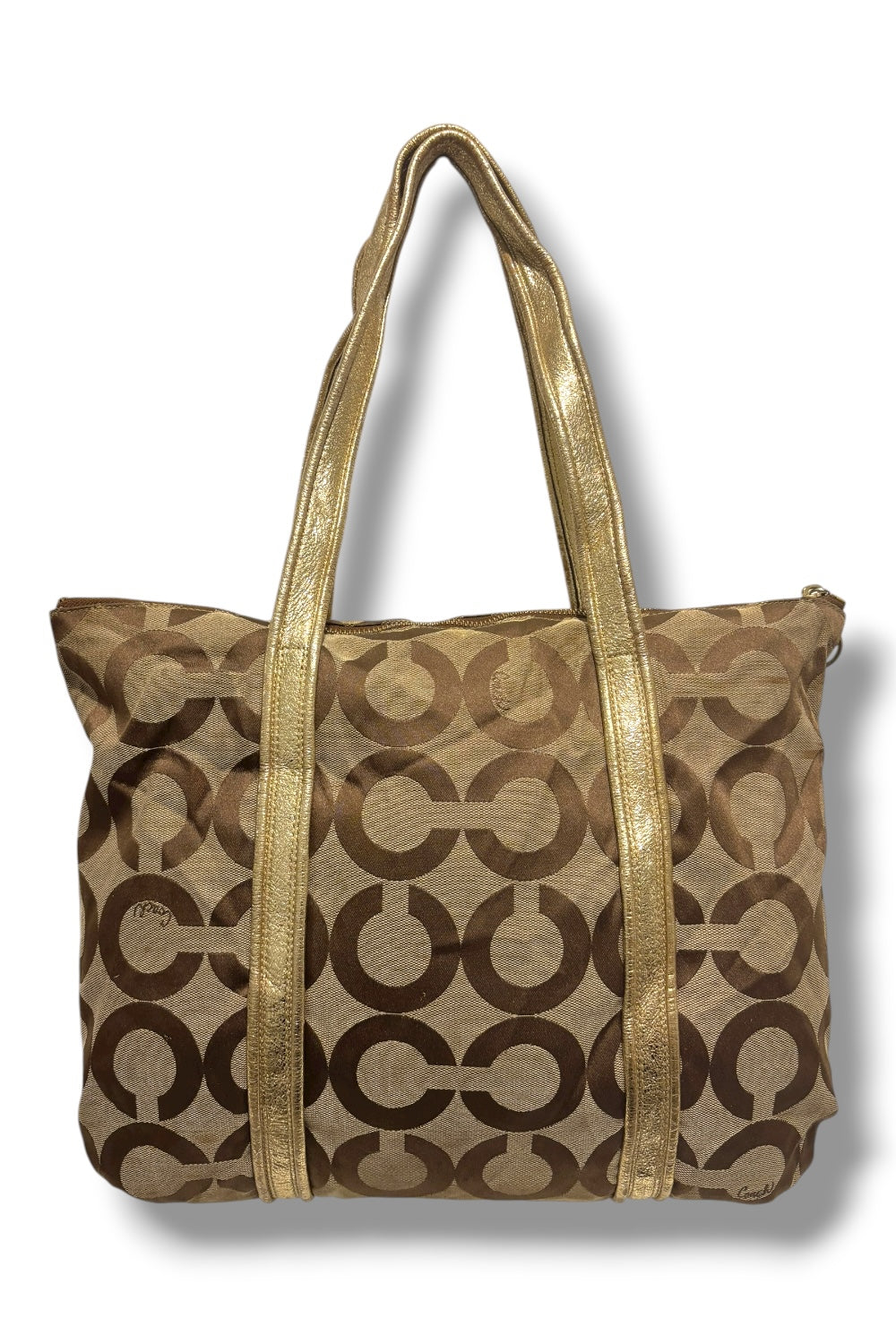 Coach Brown Khaki Signature Canvas Poppy Gold Metallic Leather Y2K Vintage Tote
