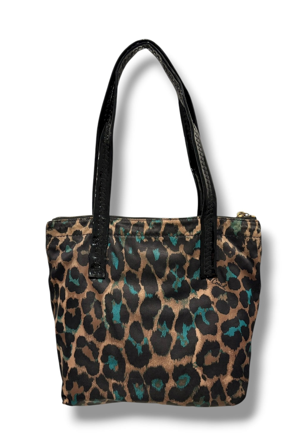 Coach Brown Leopard Ocelot Animal Print Sateen Black Patent Leather Tote Bag