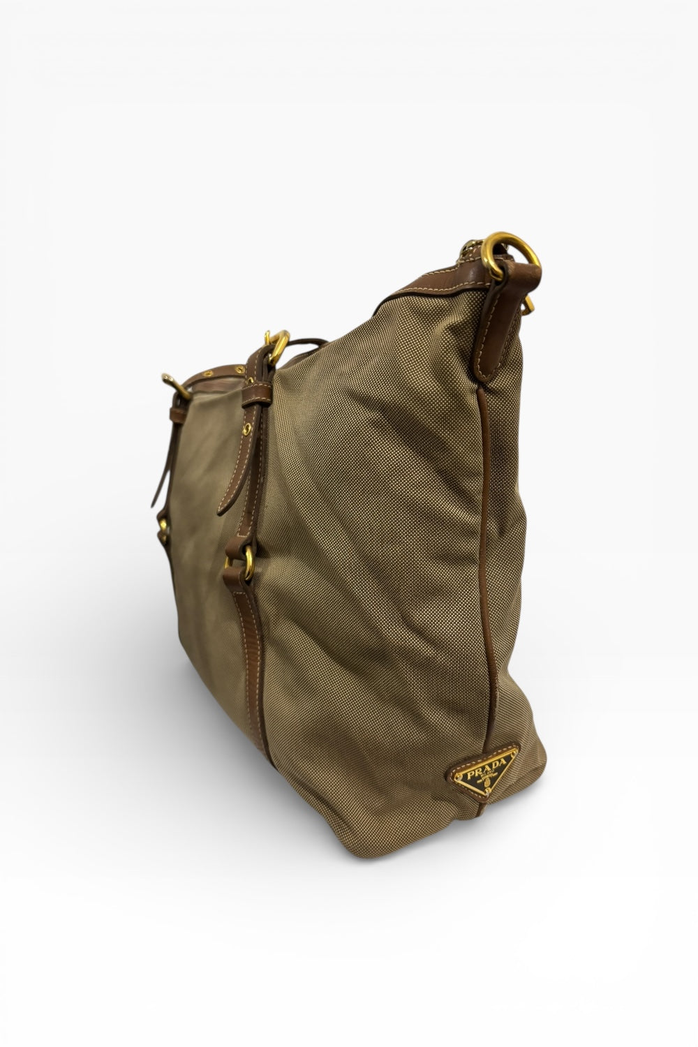 Prada Khaki / Beige / Brown Canvas & Leather Canapa Tote Shoulder Bag