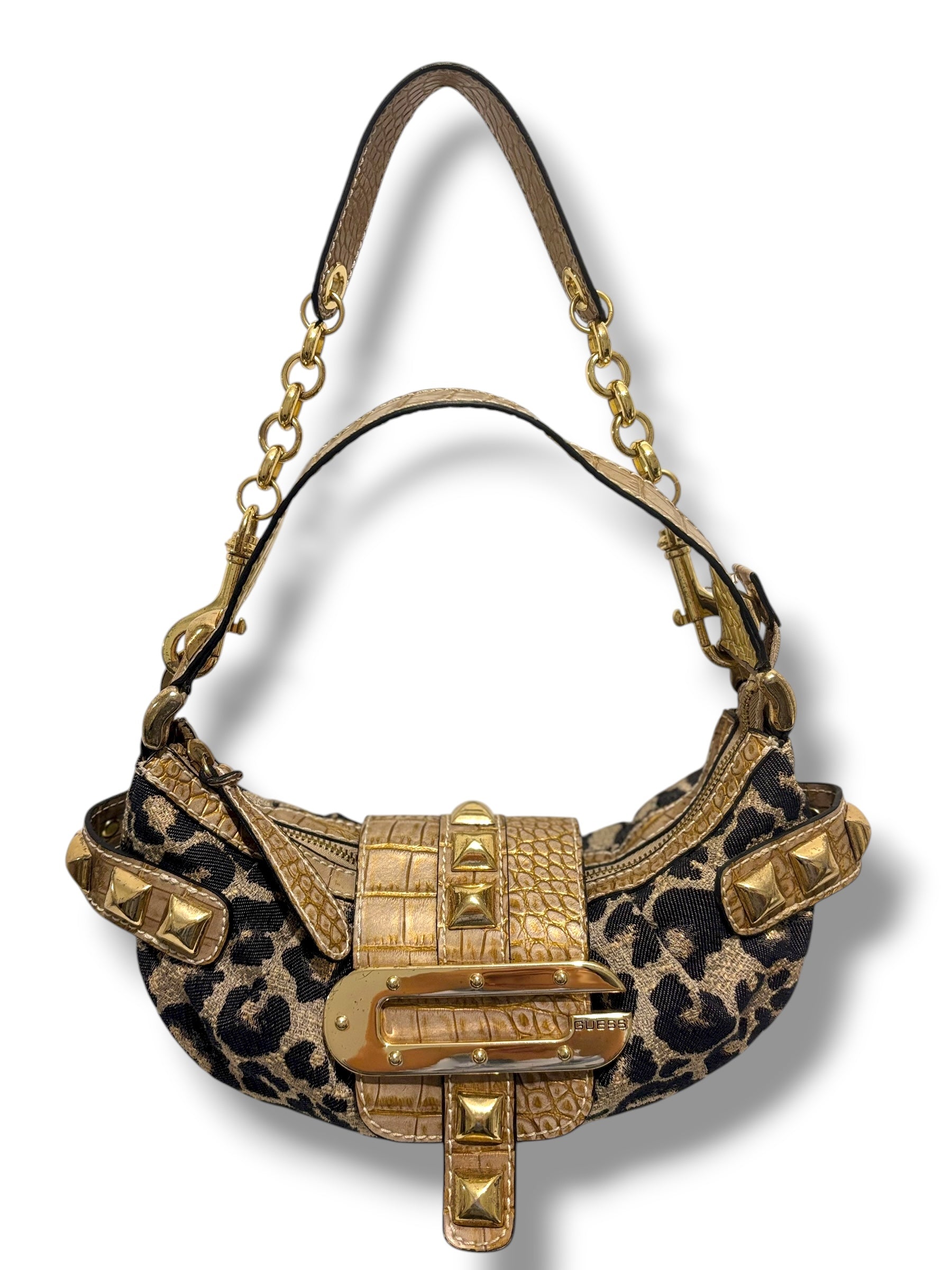 Guess Vintage Brown Gold Leopard Print Studded Baguette Canvas Shoulder Bag