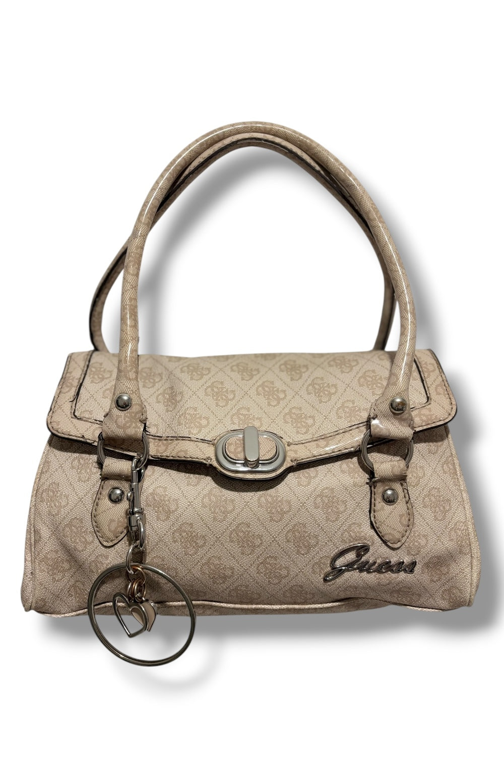 Guess Vintage Beige Leather PVC Signature Monogram Shoulder Bag