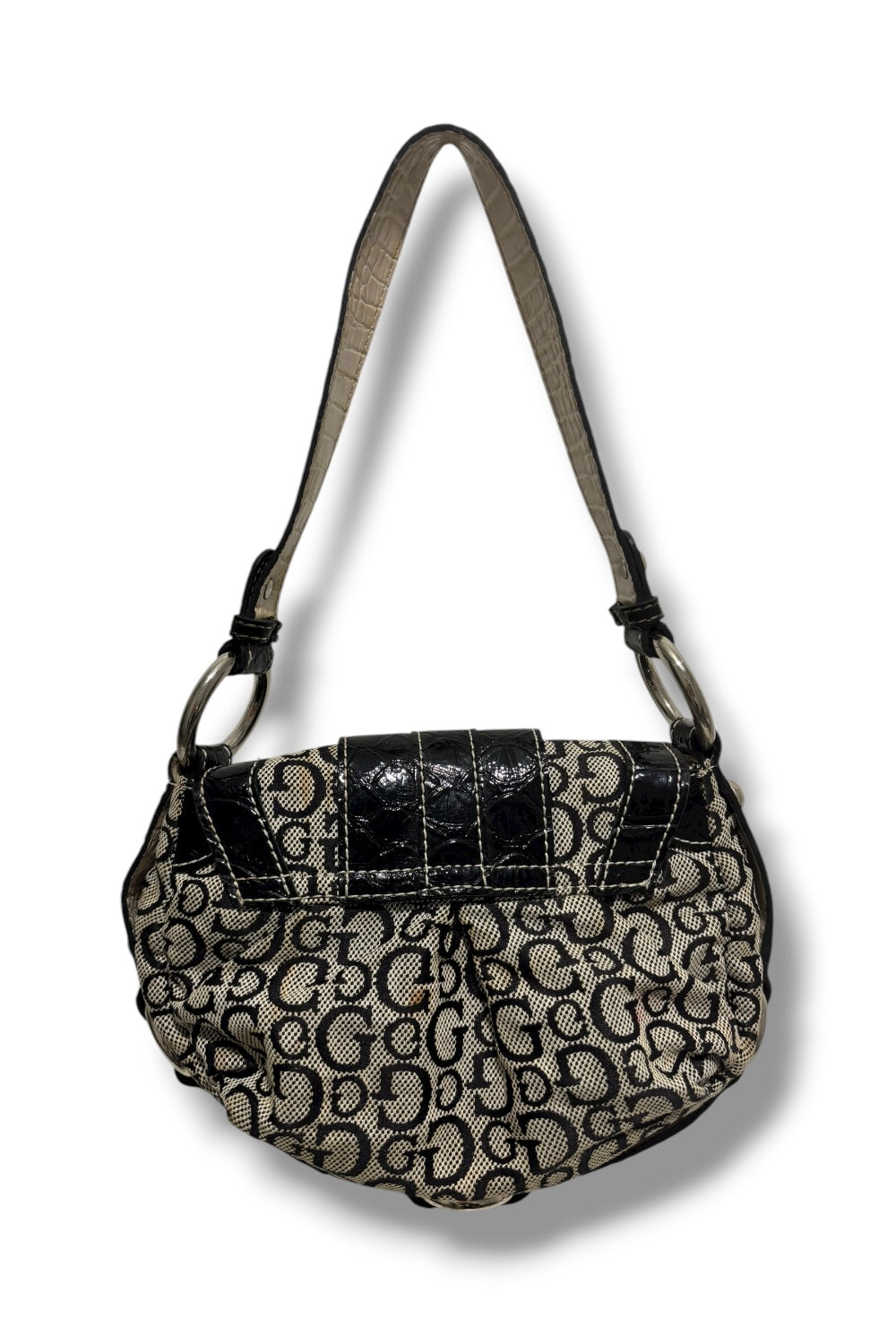 Guess Authentic Black & Grey Monogram Canvas & Croc Leather PVC Shoulder Bag