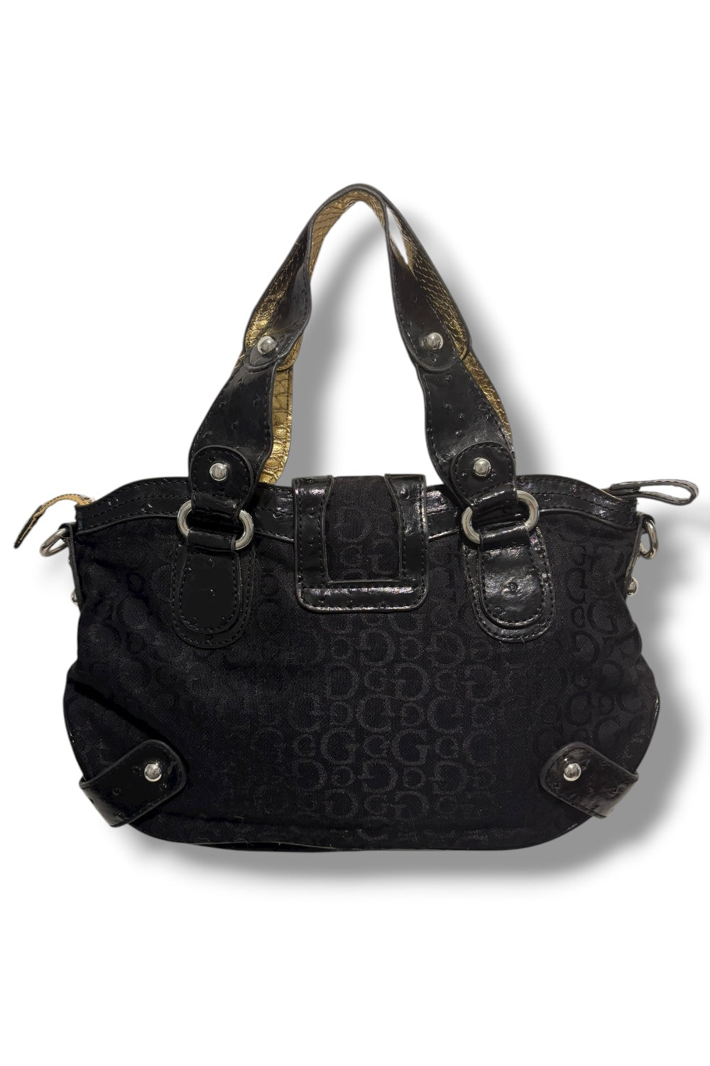 Guess Rare Vintage Black Signature Canvas & Patent Leather PVC Y2K Shoulder Ba