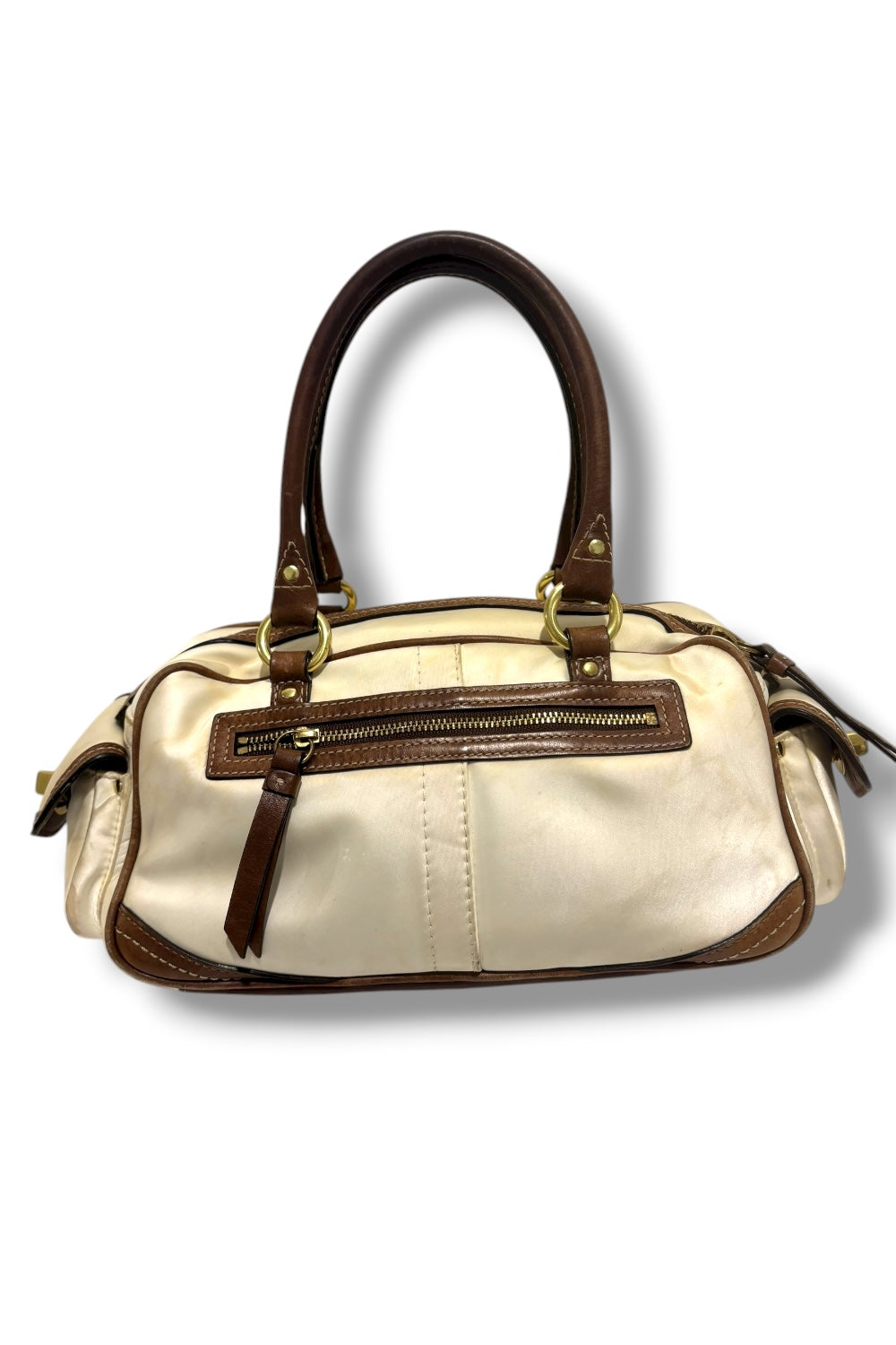 Coach Brown Ivory Silk Sateen Leather Ashley Legacy Shoulder Bag