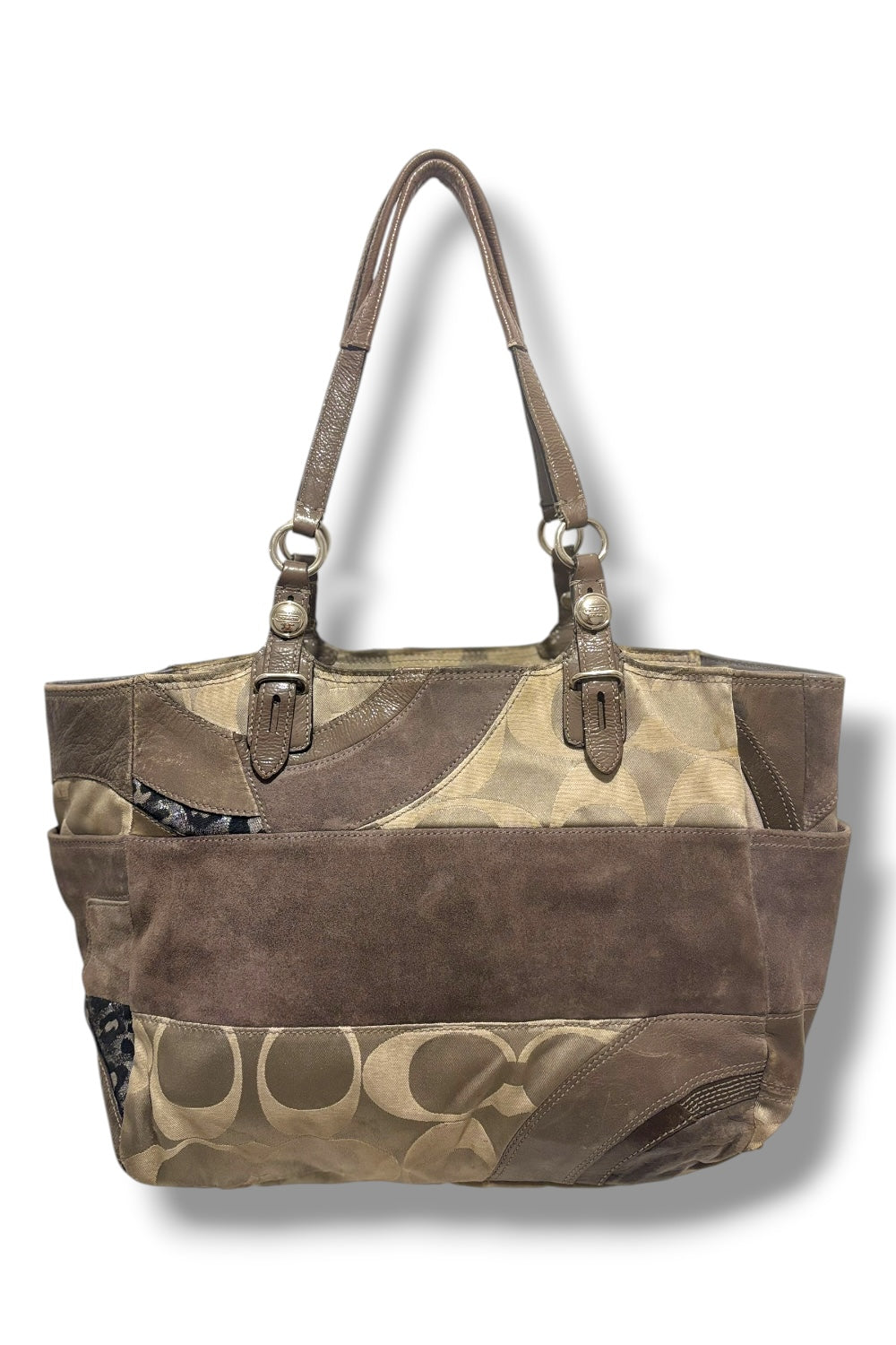 Coach Grey Patchwork Suede & Leather Leopard Print Sateen Tote Shoulder Bag
