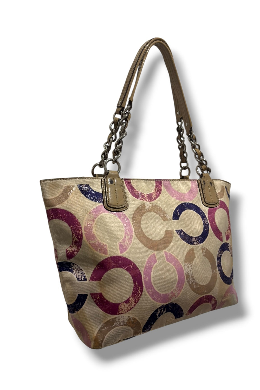 Coach Multicolour Pink Optic Signature Sateen & Patent Leather Tote Shoulder Bag